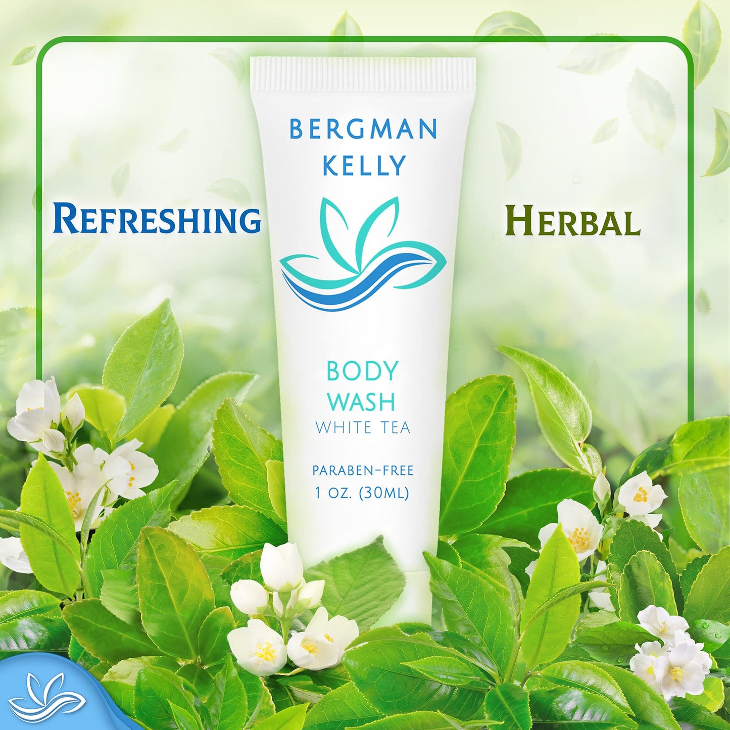 BERGMAN KELLY Travel Size Body Wash (1 fl oz, 100 PK, White Tea), Delight Your Guests with a Revitalizing and Refreshing Hotel Body Wash, Quality Mini