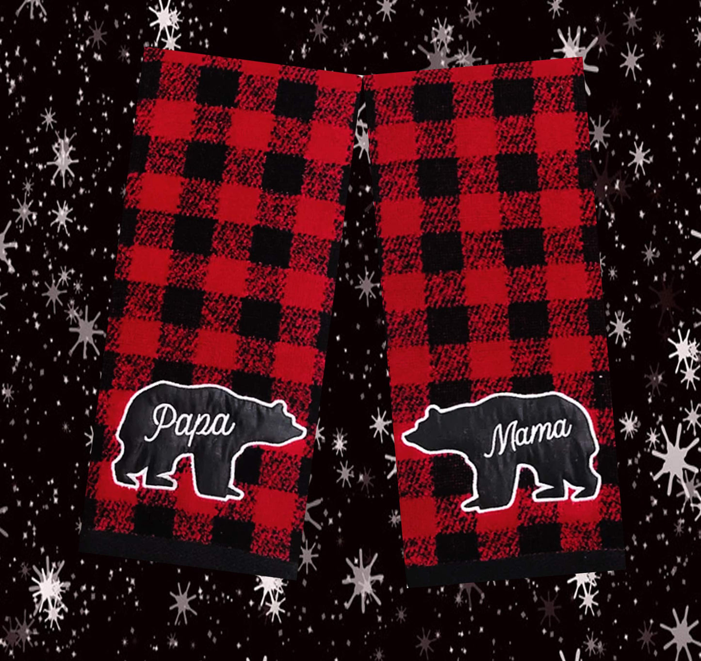 St Nick Holiday Buffalo Plaid Hand Towels Farmhouse Bear Mama Papa Rustic