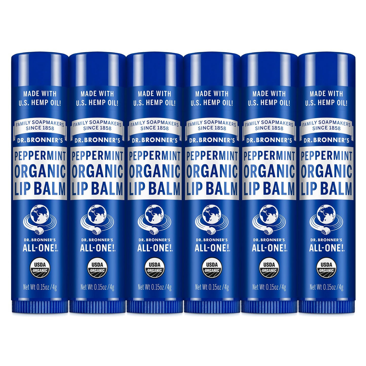 Dr. Bronner's - Organic Lip Balm (Peppermint, .15 ounce, 6-Pack) - Made with Organic Beeswax and Avocado Oil, For Dry Lips, Hands, Chin or Cheeks
