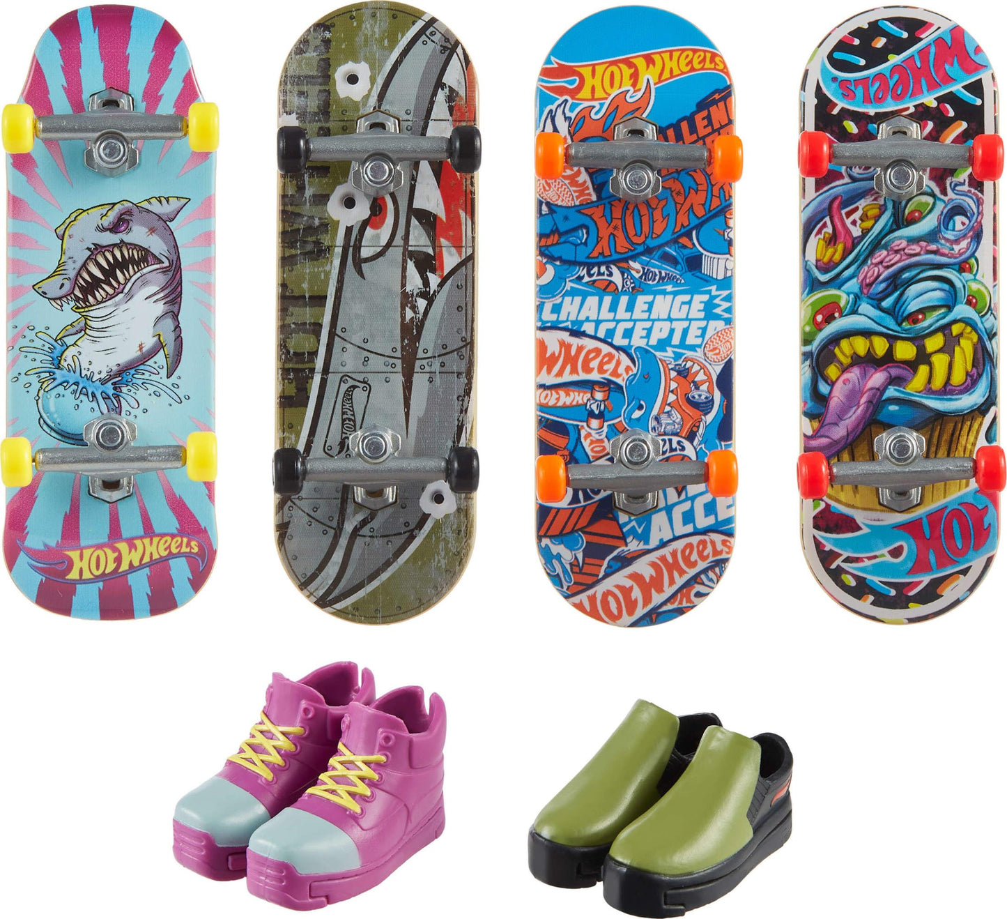 Hot Wheels Skate Tony Hawk Set of 4 Fingerboards & 2 Pairs of Removable Skate Shoes, Speed Shredder Pack of Fully Assembled Boards, 1 Exclusive Set