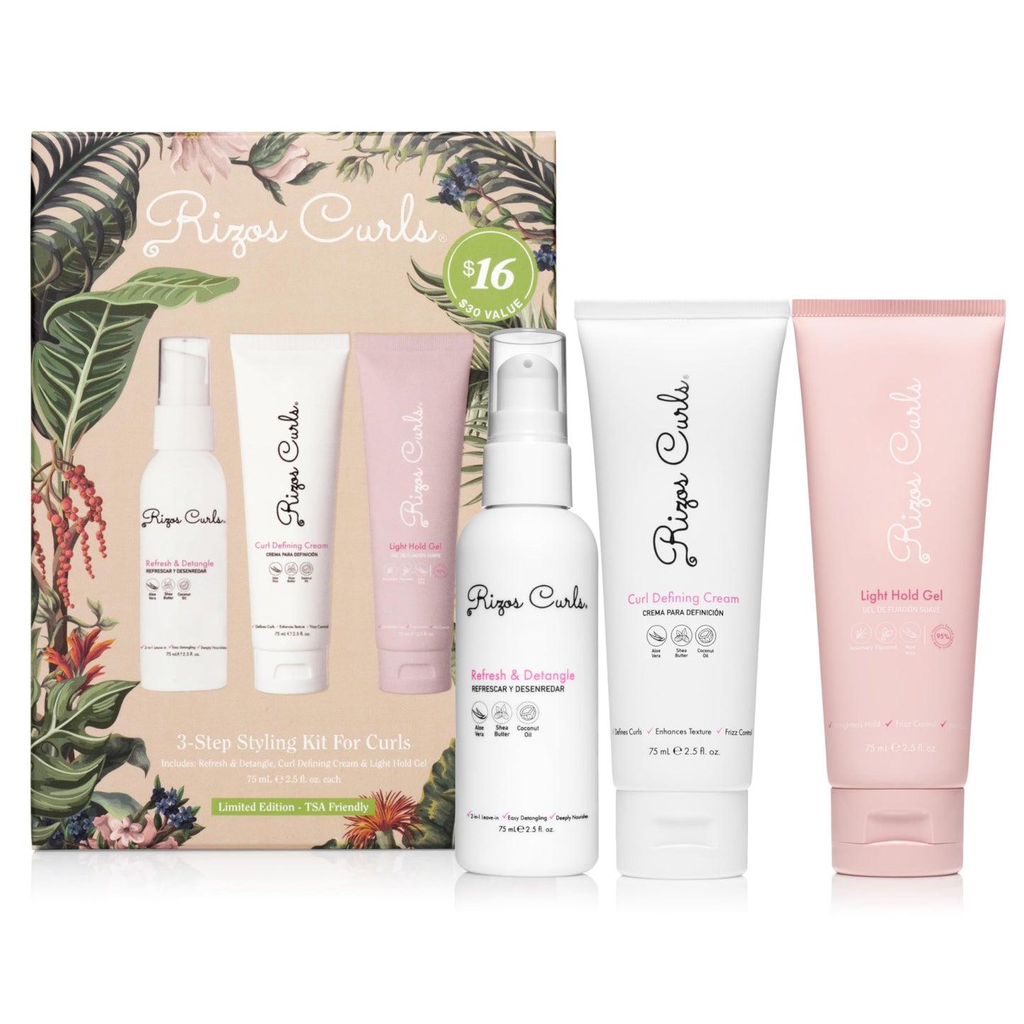 Rizos Curls 3-Step Styling Kit - Define, Style, Hold with Curl Defining Cream, Light Hold Gel & Refresh Spray - Enhances Shine, Moisture & Frizz