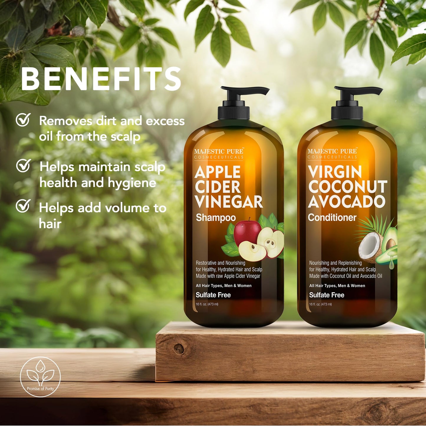 MAJESTIC PURE Apple Cider Vinegar Shampoo and Avocado Coconut Conditioner Set - Restores Shine & Reduces Itchy Scalp, Dandruff & Frizz - Sulfate Free