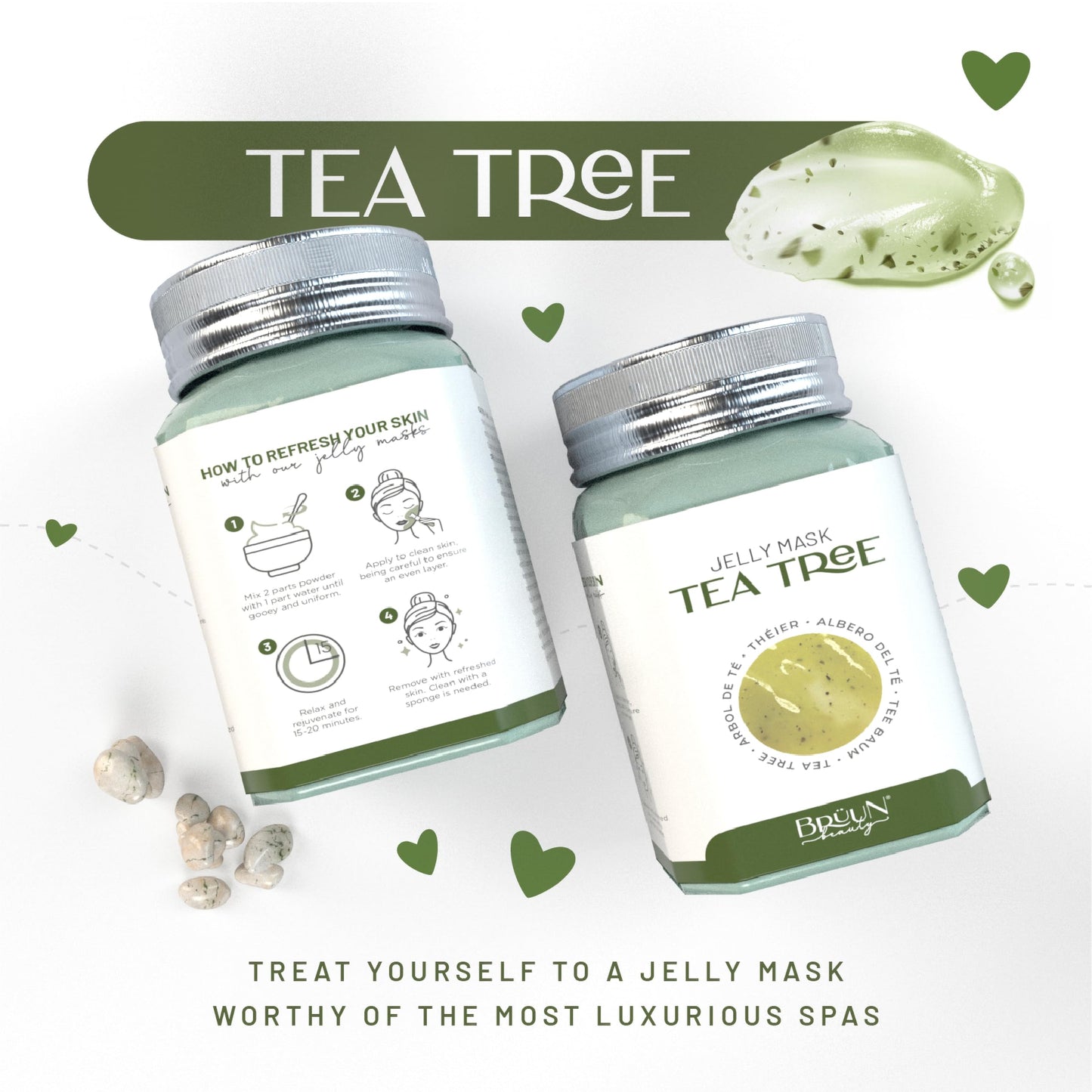 BRÜUN Peel-Off Tea Tree Jelly Mask for Face Care - A 23 fl oz Rubber Jar for 30 to 35 Treatments - A Skin Care Moisturizing Gel Mask of Spa Set