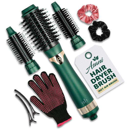 Asani Hot Air Brush - Multipurpose Blow Dryer Brush with Interchangeable Heads, Heated Round Brush for Curling or Straightening, Volumizer and Styling