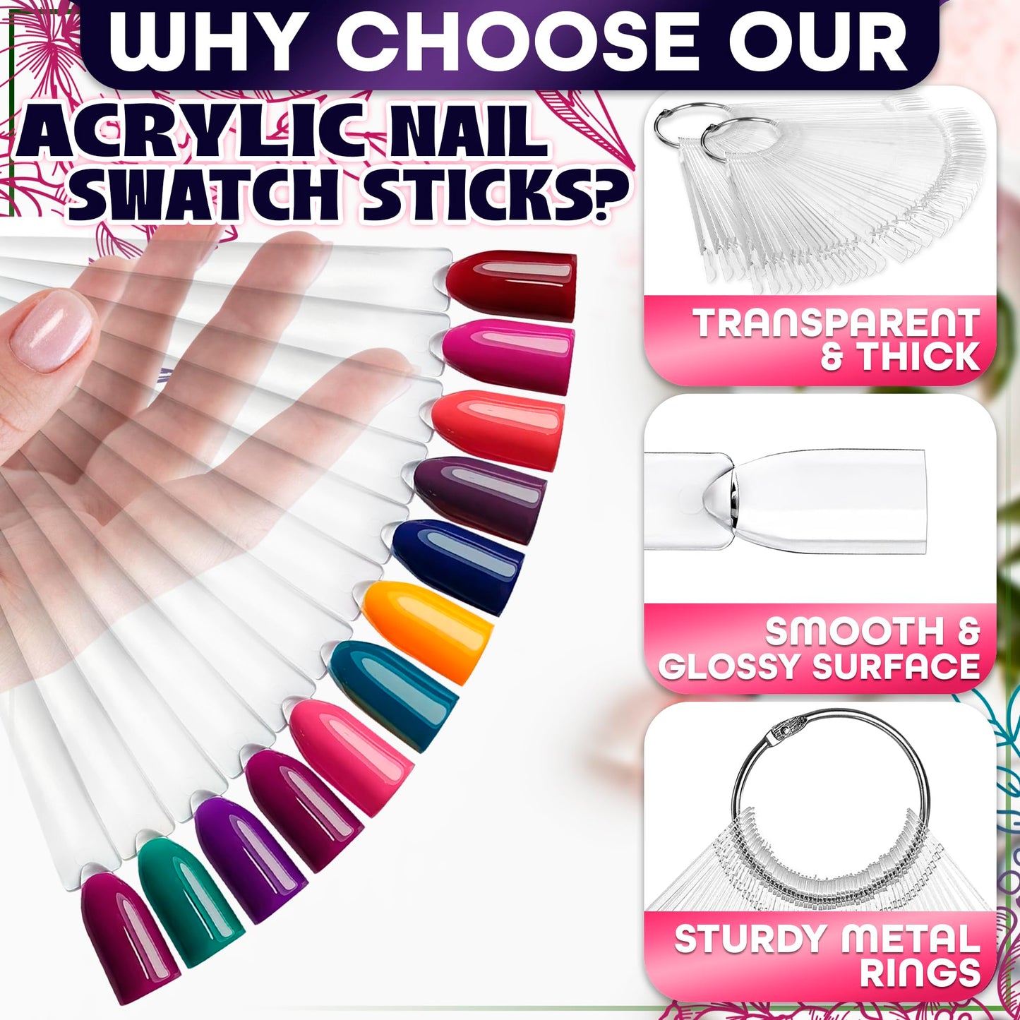 200 Pcs Nail Swatch Sticks - Clear Swatches for Gel Polish - Transparent Acrylic Practice Tips with Metal Rings | Suitable for Adding Designs Beauty and Personal Care Novsix