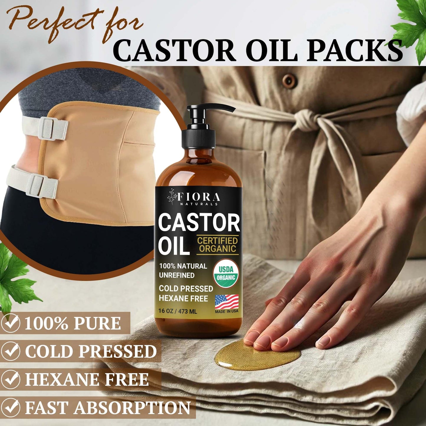 Organic Castor Oil in Glass Bottle - 16 Oz Cold Pressed & Hexane-Free - USDA Certified - Hair Growth Oil For Lashes, Brows, Skin & Scalp - with Pump