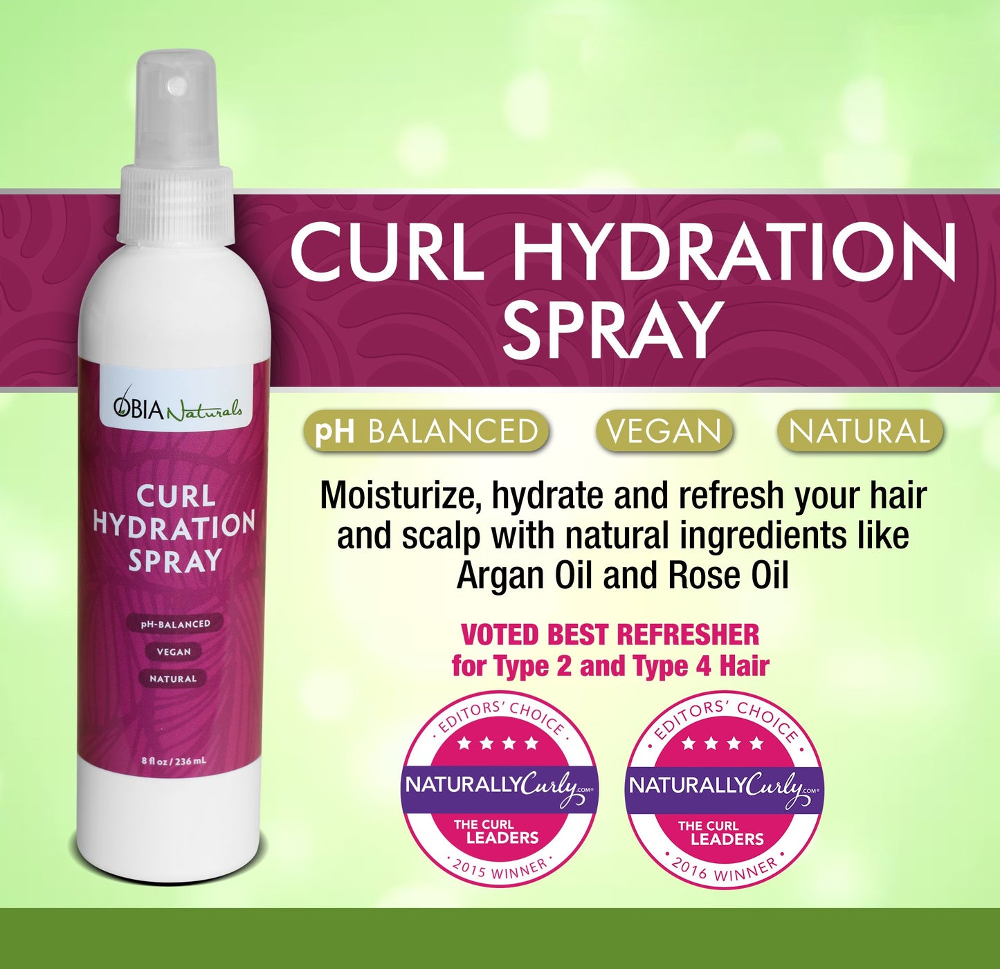 OBIA Naturals Curl Hydration Spray - Refreshing, Moisturizing, Nourishing Hydrator for Dry Hair and Curls, 8 ounce.