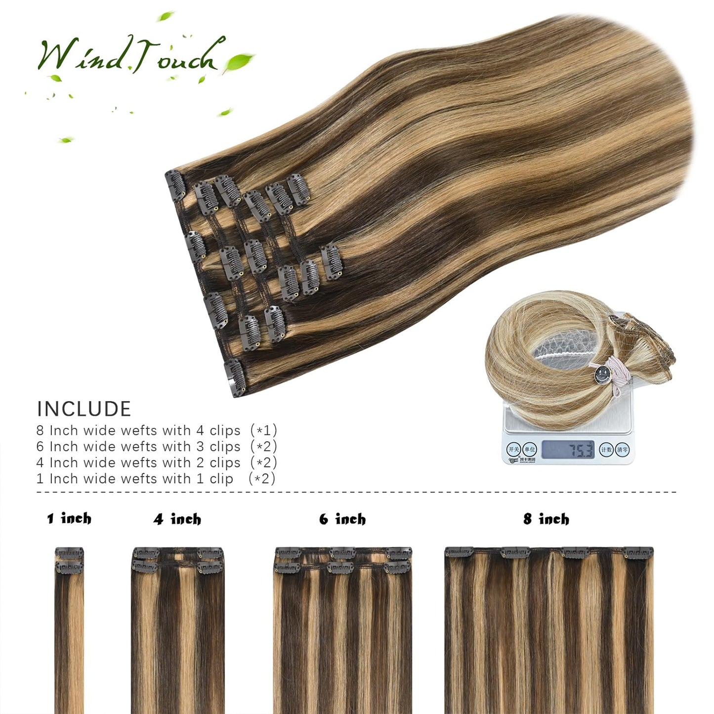 WindTouch Clip In Hair Extensions Human Hair Chocolate Brown to Dark Blonde Balayage Remy Hair 18Inch 75g #4p27 7PCS
