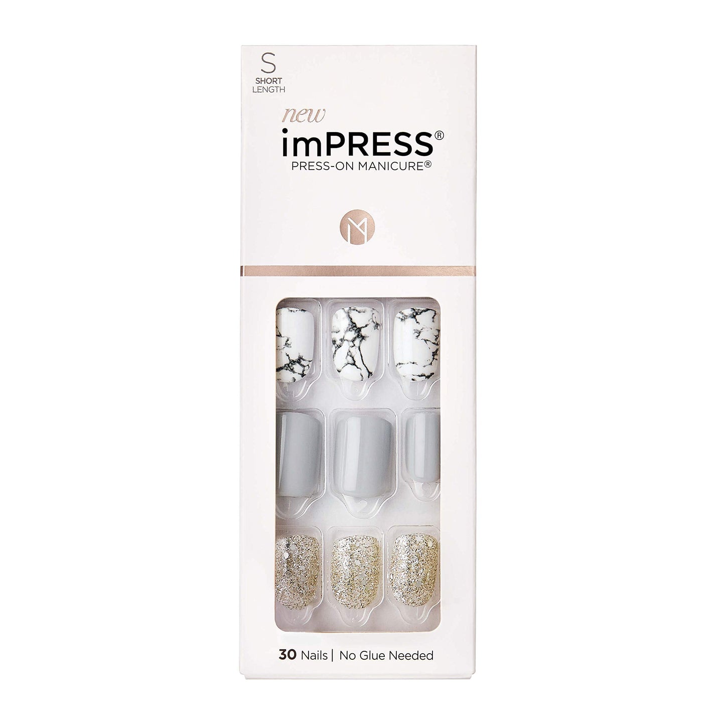 imPRESS Design, Press On Nails, Knock Out, Gray, Short, Size, Squoval, Shape, Includes 30 Nails, Prep Pad, Instructions Sheet, 1 Manicure Stick, 1
