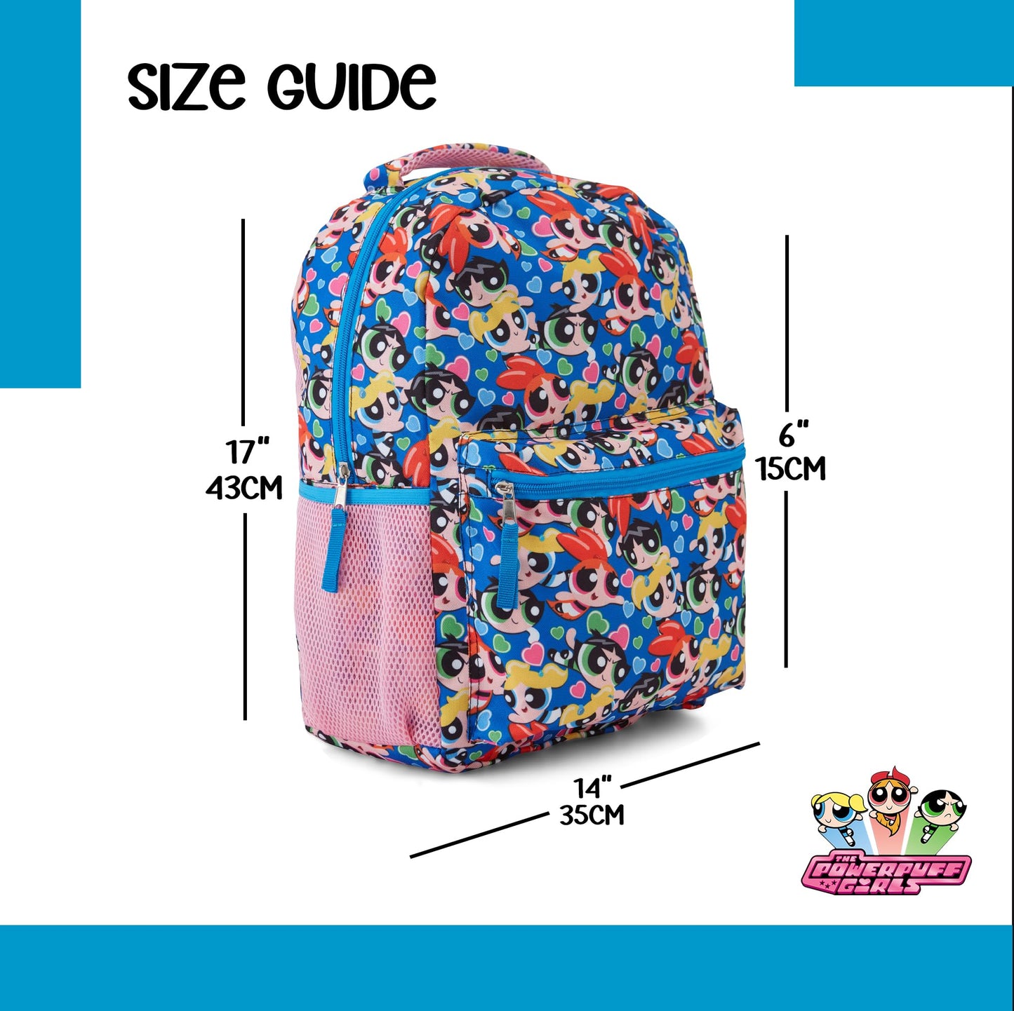 Powerpuff Girls Classic Allover Backpack - Mojo Jojo, Blossom, Bubbles and Buttercup - Officially Licensed Powerpuff Girls School Bookbag (Pink)