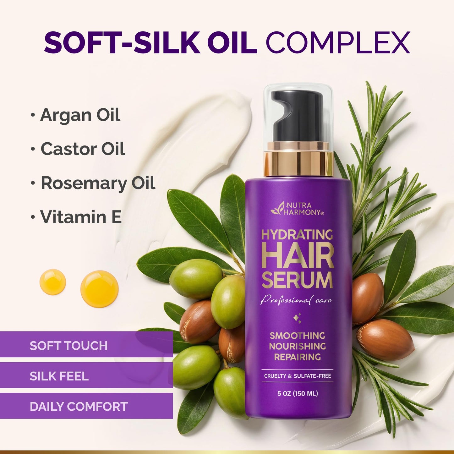 Hydrating Hair Serum for Dry & Frizzy Hair, Lightweight Leave-In Anti-Frizz Treatment, Non-Greasy Split Ends Repair with Keratin, Biotin, Castor Beauty and Personal Care NUTRAHARMONY