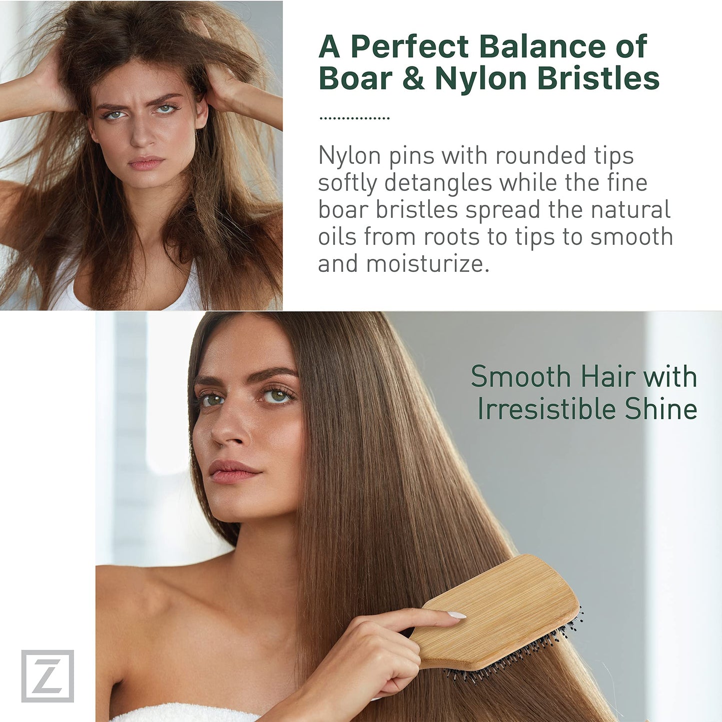 Natural Boar Bristle Hair Brush for Women, Men, Kids; Dry and Wet Detangling Hair Brush Gently Enhances Shine, Smooths Frizz and Prevents Breakage