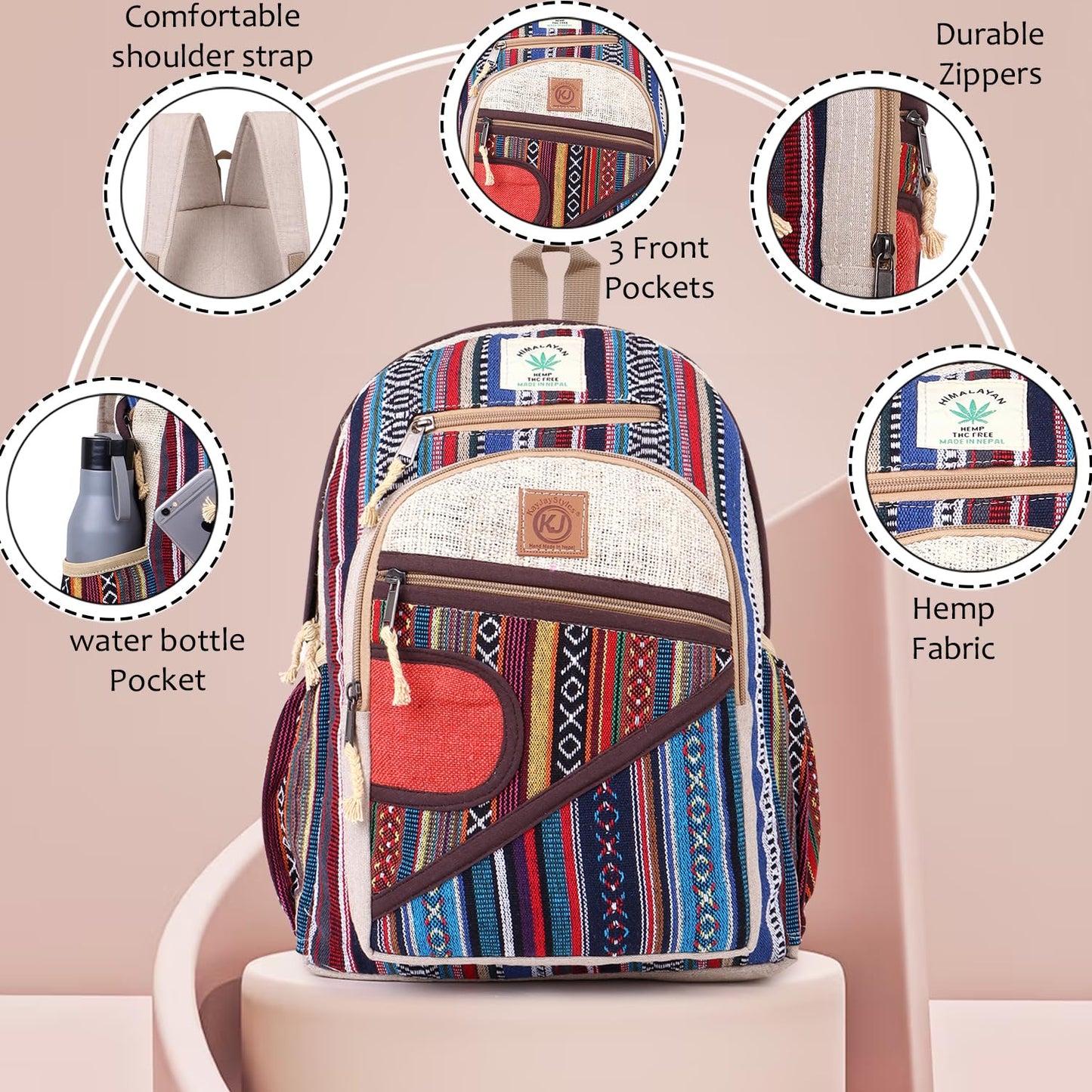 KayJayStyles Natural Handmade Large Multi Pocket Hemp Nepal Backpack (BKPK-4)
