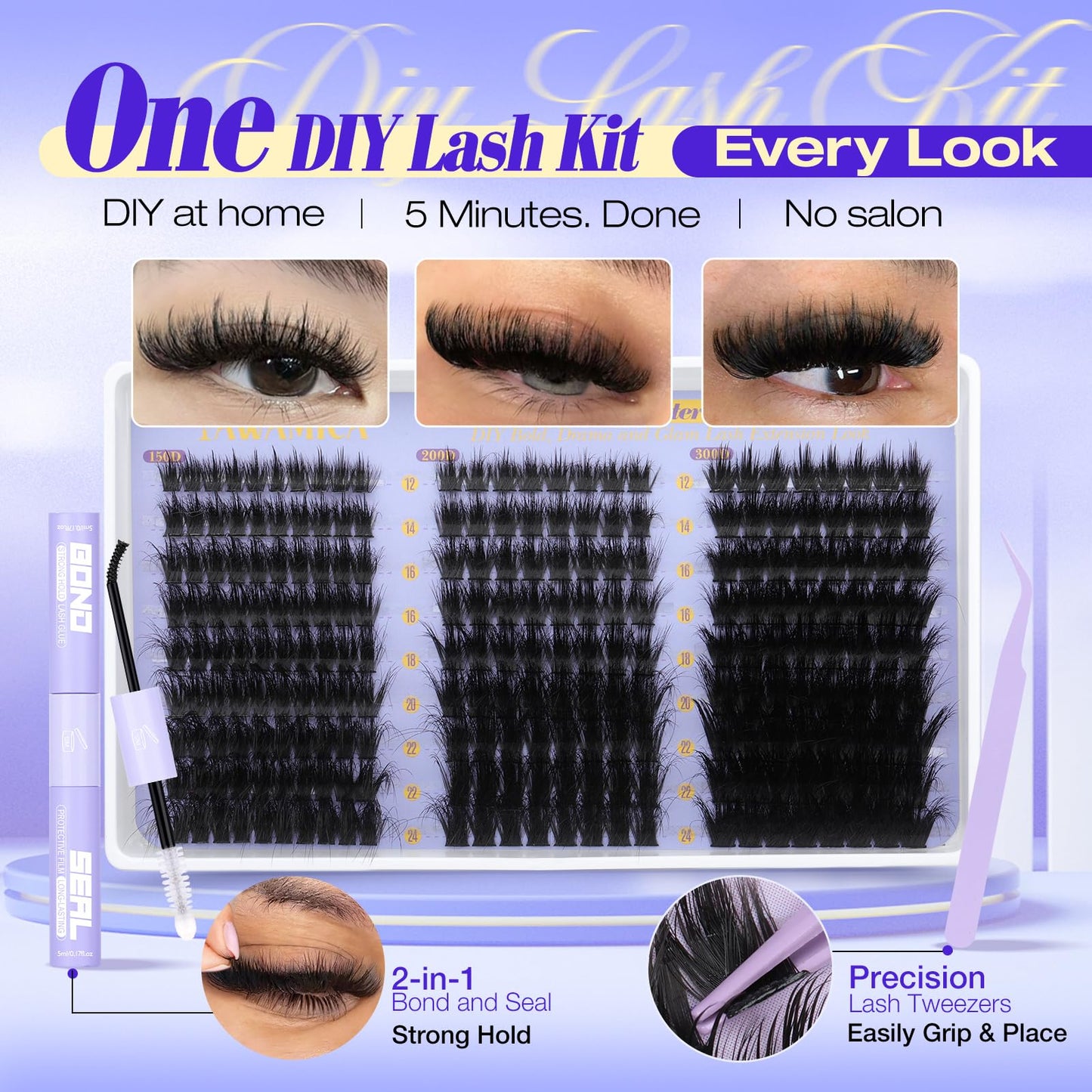 Fluffy Lash Clusters Kit 150D+200D+300D Thick Volume Cluster Eyelash Extensions 12-25mm Dramatic Long Eyelash Clusters Kit Wispy D Curl Cluster Lashes Beauty and Personal Care Yawamica