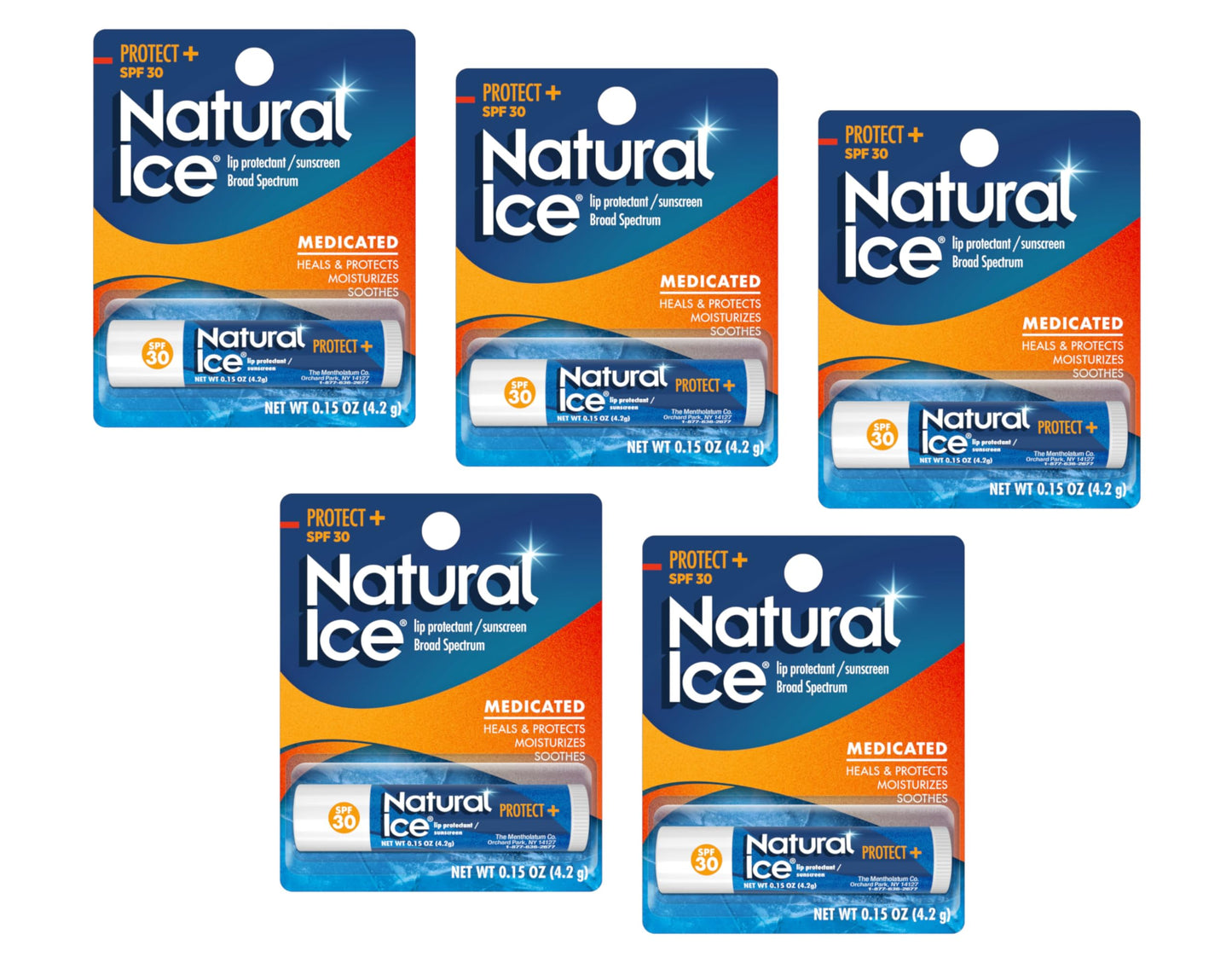 Mentholatum Natural Ice Protect+ Broad Spectrum SPF 30 Medicated Lip Balm, 0.15 Ounce (Pack of 5)