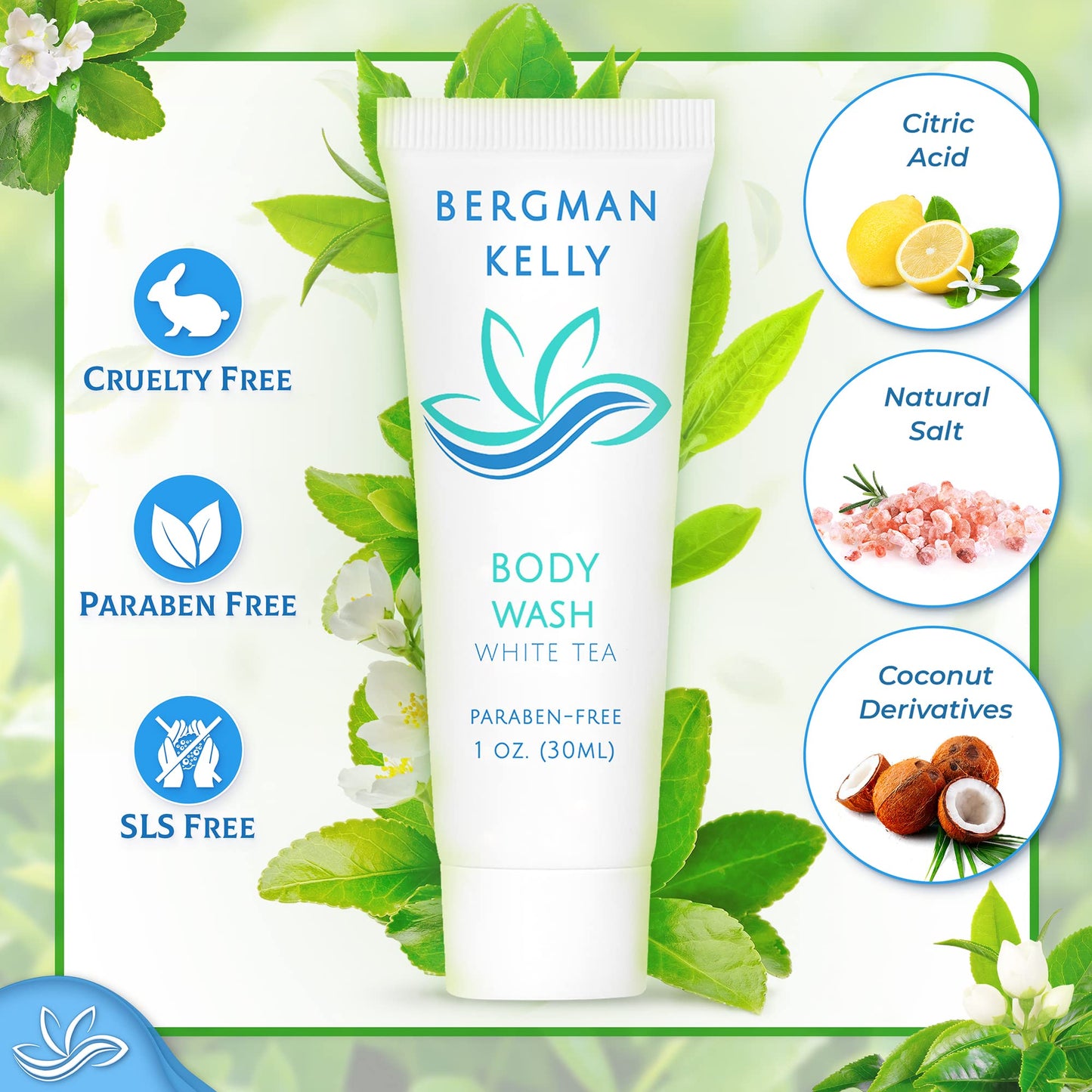 BERGMAN KELLY Travel Size Body Wash (1 fl oz, 50 PK, White Tea), Delight Your Guests with a Revitalizing and Refreshing Hotel Body Wash, Quality Mini