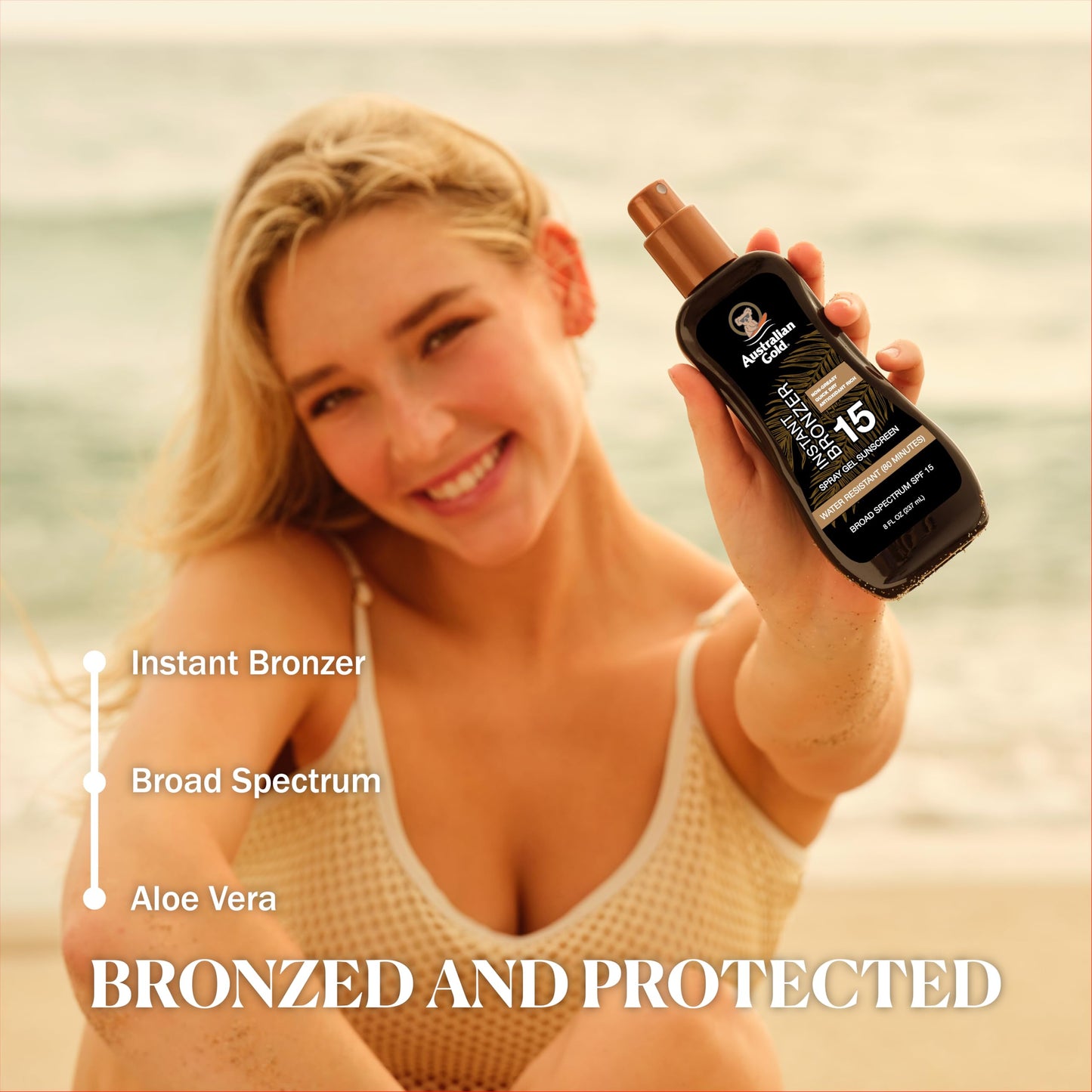 Australian Gold Spray Gel Sunscreen with Instant Bronzer SPF 15, 8 Ounce | Moisturize & Hydrate Skin | Broad Spectrum | Water Resistant | Non-Greasy