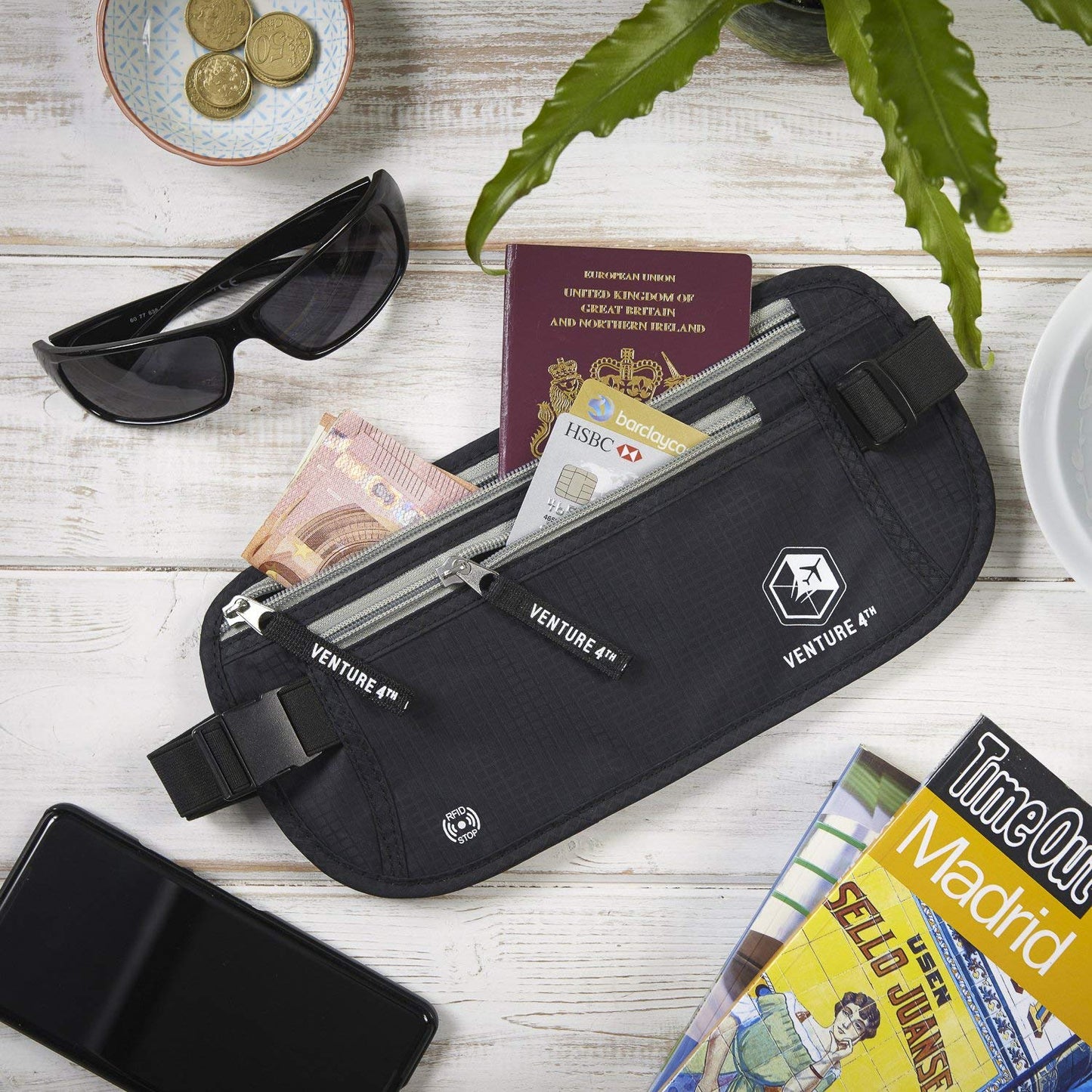 VENTURE 4TH Travel Money Belt - Slim Passport Holder RFID Blocking Travel Pouch to Protect Cash, Credit Cards and Travel Documents (Black)
