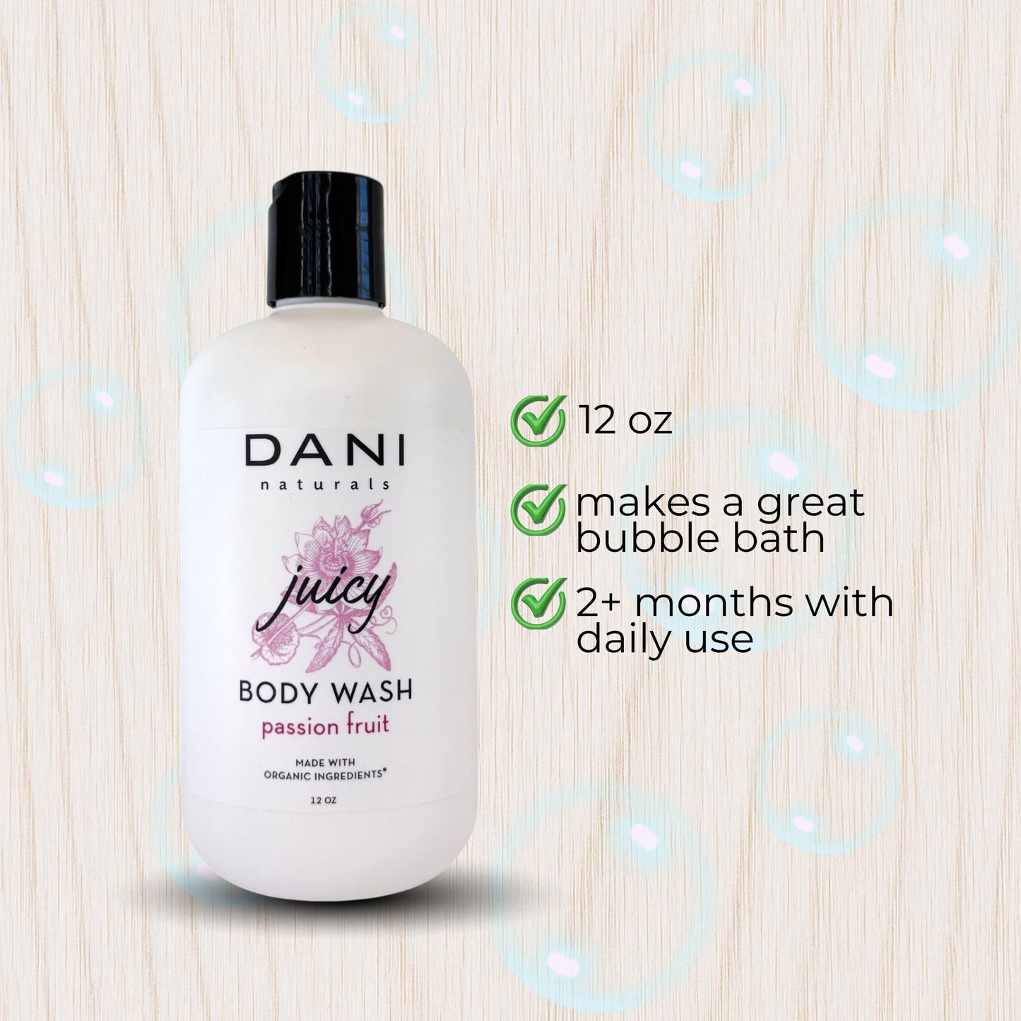 DANI Naturals Passion Fruit Body Wash, Vegan, Sulfate-Free, Made with Organic Ingredients, 12 fl oz