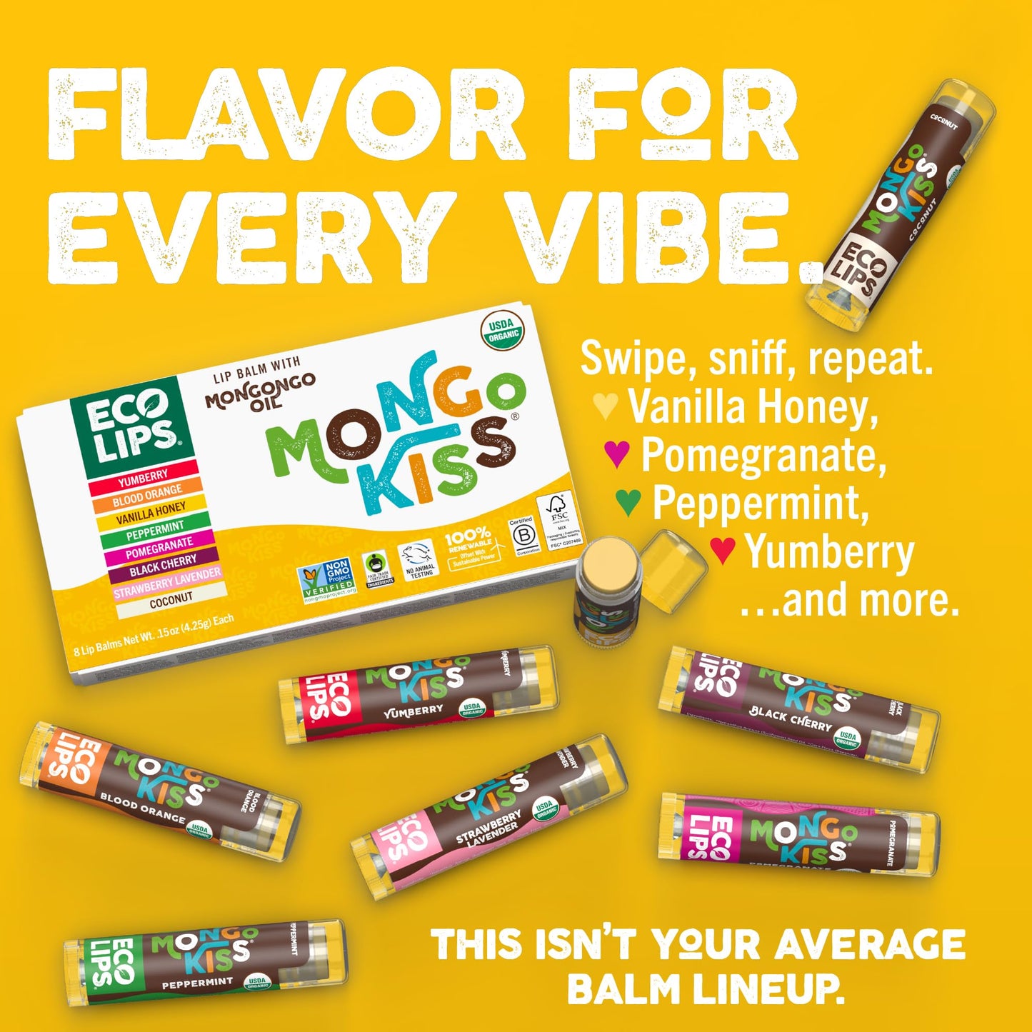 Mongo Kiss USDA Organic Lip Balm Set 8-pack (0.15 oz. each) with Mongongo Oil & Cocoa Butter to Moisturize Chapped Lips | Made in USA by Eco Lips