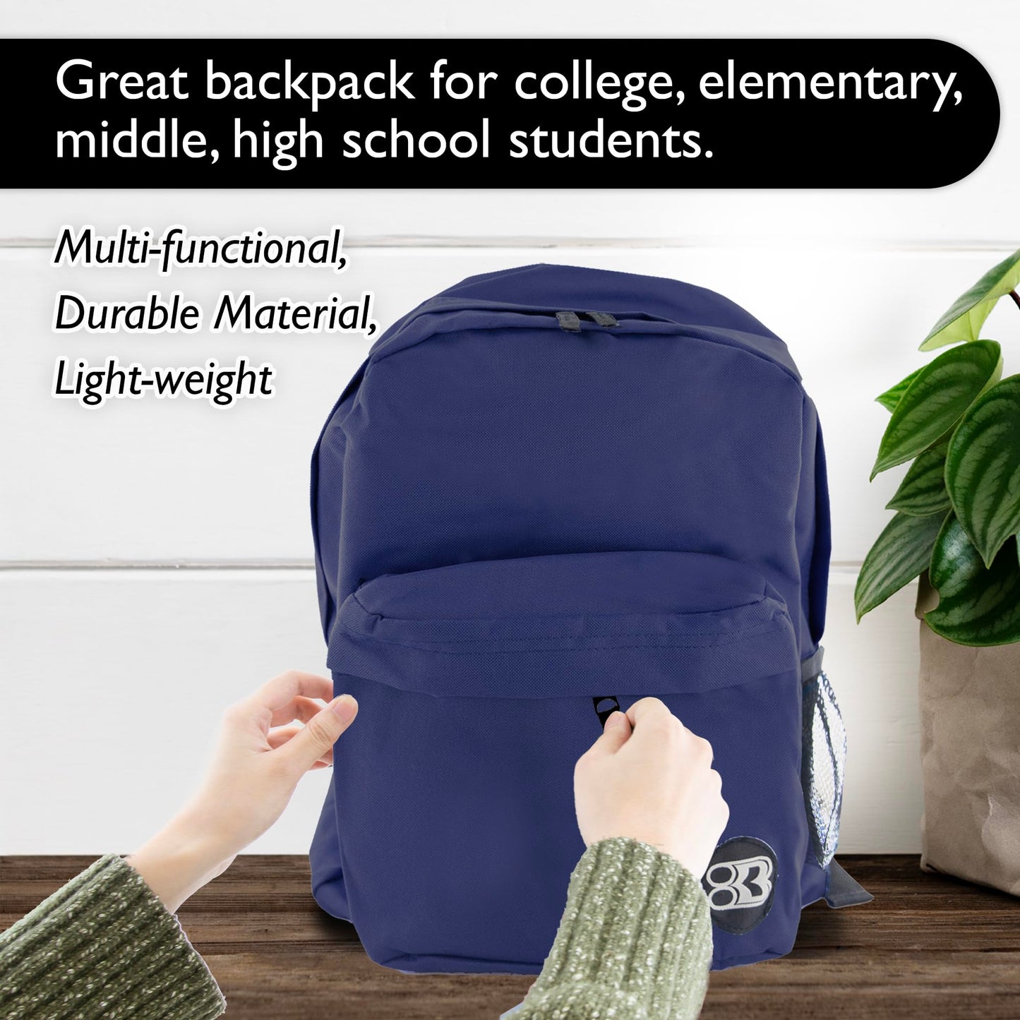 BAZIC PRODUCTS School Backpack 17" Navy Blue, Lightweight School Bag Padded Back & Adjustable Strap for Students, Travel Bag Fit A4 Notebook, 1-Pack