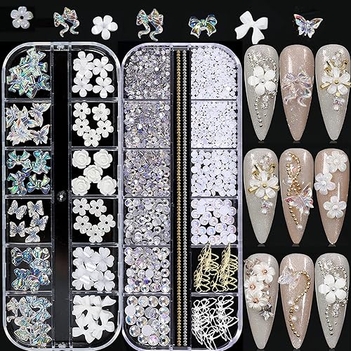 3D Acrylic Butterfly White Flowers Bear Nails Charms Cute Nail Charms Mixed Starry Crystal Nail Rhinestones Multi Sizes Crystal Gems Stones for Nail