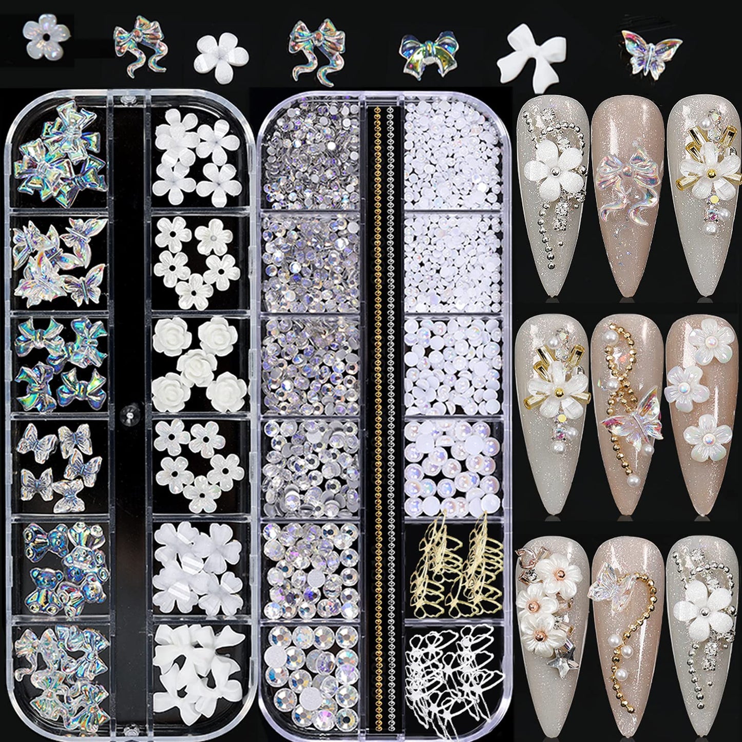 3D Acrylic Butterfly White Flowers Bear Nails Charms Cute Nail Charms Mixed Starry Crystal Nail Rhinestones Multi Sizes Crystal Gems Stones for Nail
