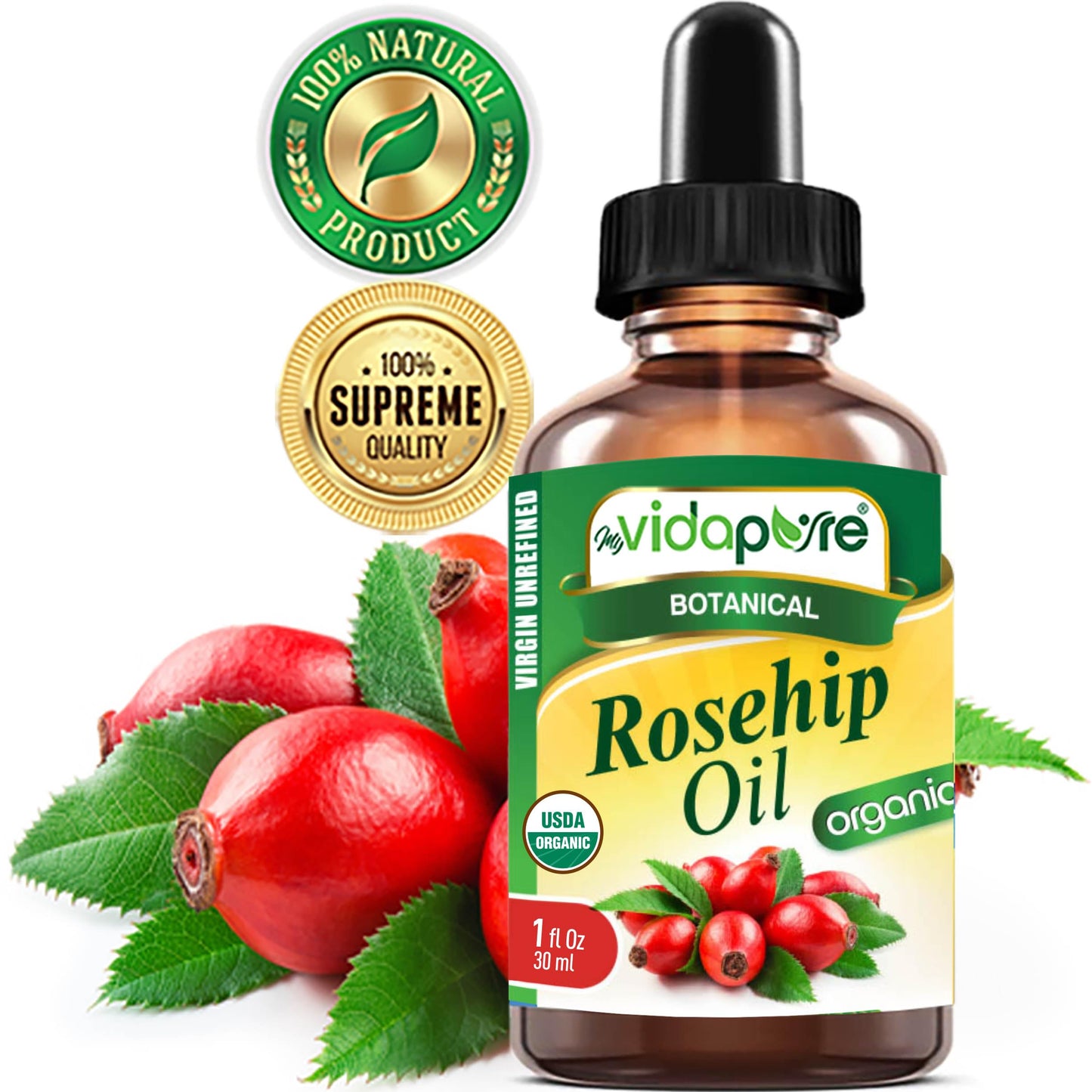 MYVIDAPURE Organic ROSEHIP OIL Certified Organic WILD GROWTH RAW Pure VIRGIN UNREFINED for Face, Body, Hair and Lip Care (1 Fl Oz)