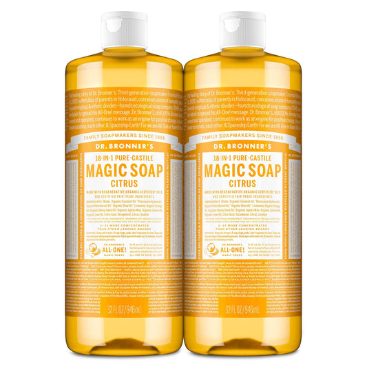 Dr. Bronner's Magic Soap-Pure-Castile Liquid Soap (Citrus, 32oz, 2-Pack)-Regenerative Organic Certified Oils, 18-in-1 Uses: Body, Hair, Laundry, Pets
