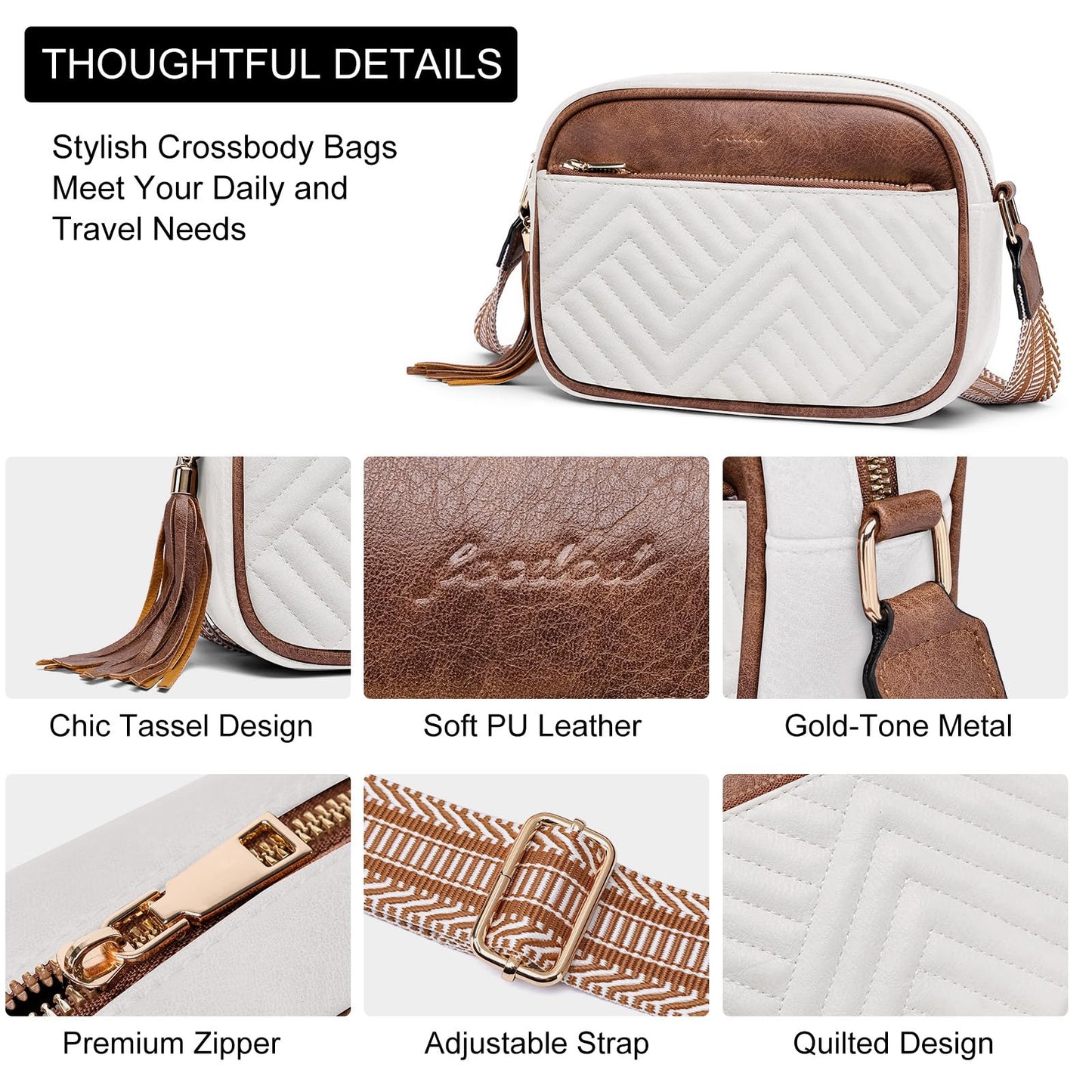 Crossbody Bags for Women Shoulder Handbags: Quilted Wallet Set Vegan Leather Purses with Tassel Adjustable Guitar Wide Strap White-Brown