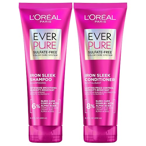 L'Oreal Paris Sulfate Free Iron Sleek Smoothing Shampoo and Conditioner Set, Frizz Control and Humidity-Resistant Formula with Alpha-Acids, Suitable