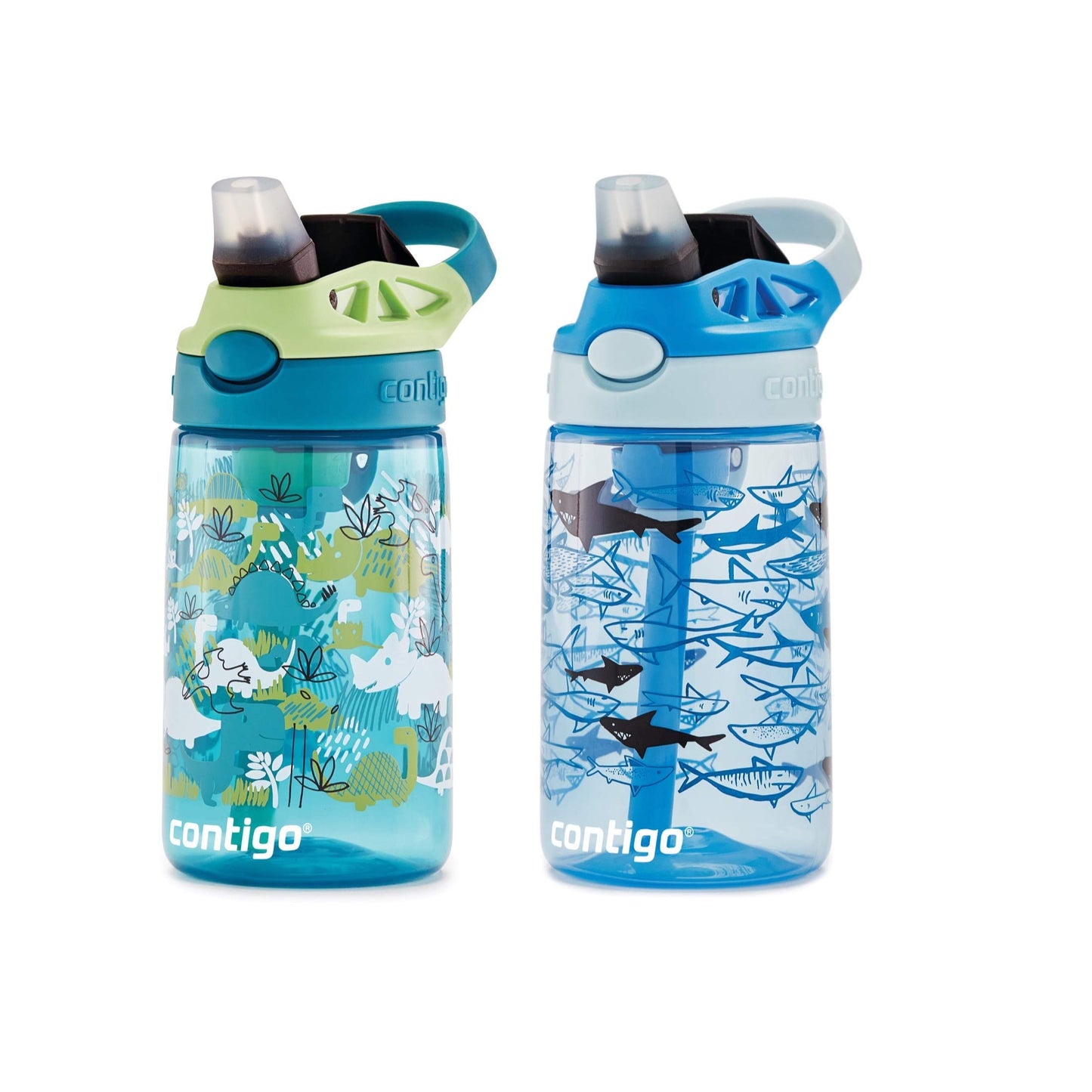 Contigo Aubrey Kids Water Bottle, 2-Pack, 14oz, Dinos & Sharks, Spill-Proof Lid, Dishwasher Safe, Blue & Green
