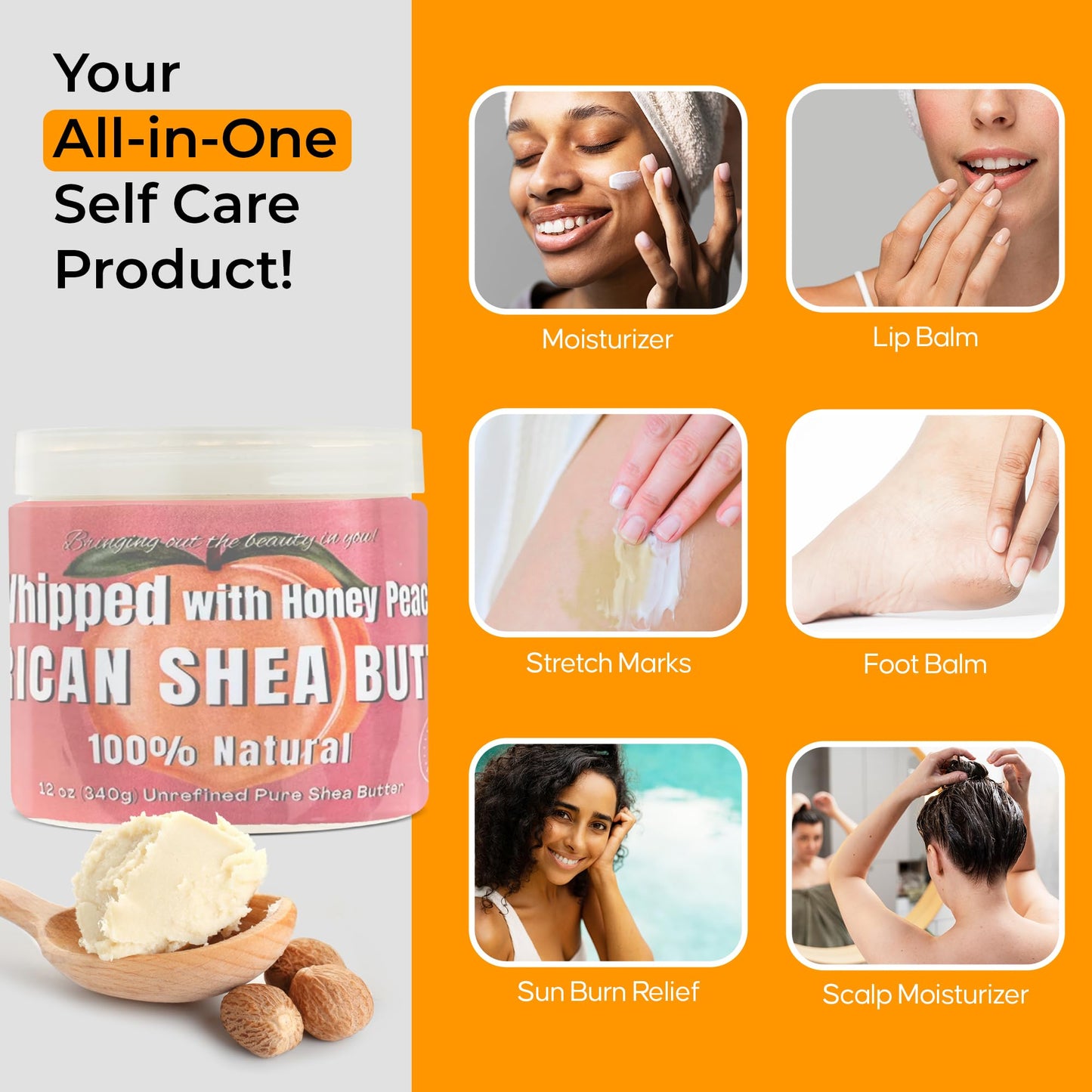 RA COSMETICS Whipped Shea Butter Honey Peach - 100% Pure and Natural African Shea Butter - Ultimate Handcrafted Moisturizer with Essential Vitamins