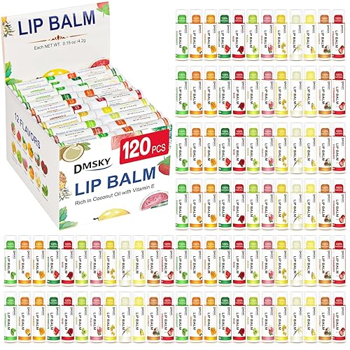 DMSKY 120 Pack Lip Balm, Natural Lip Balm Bulk with Vitamin E and Coconut Oil, Moisturizing Lip Balms for Chapped Lips-12 Flavors