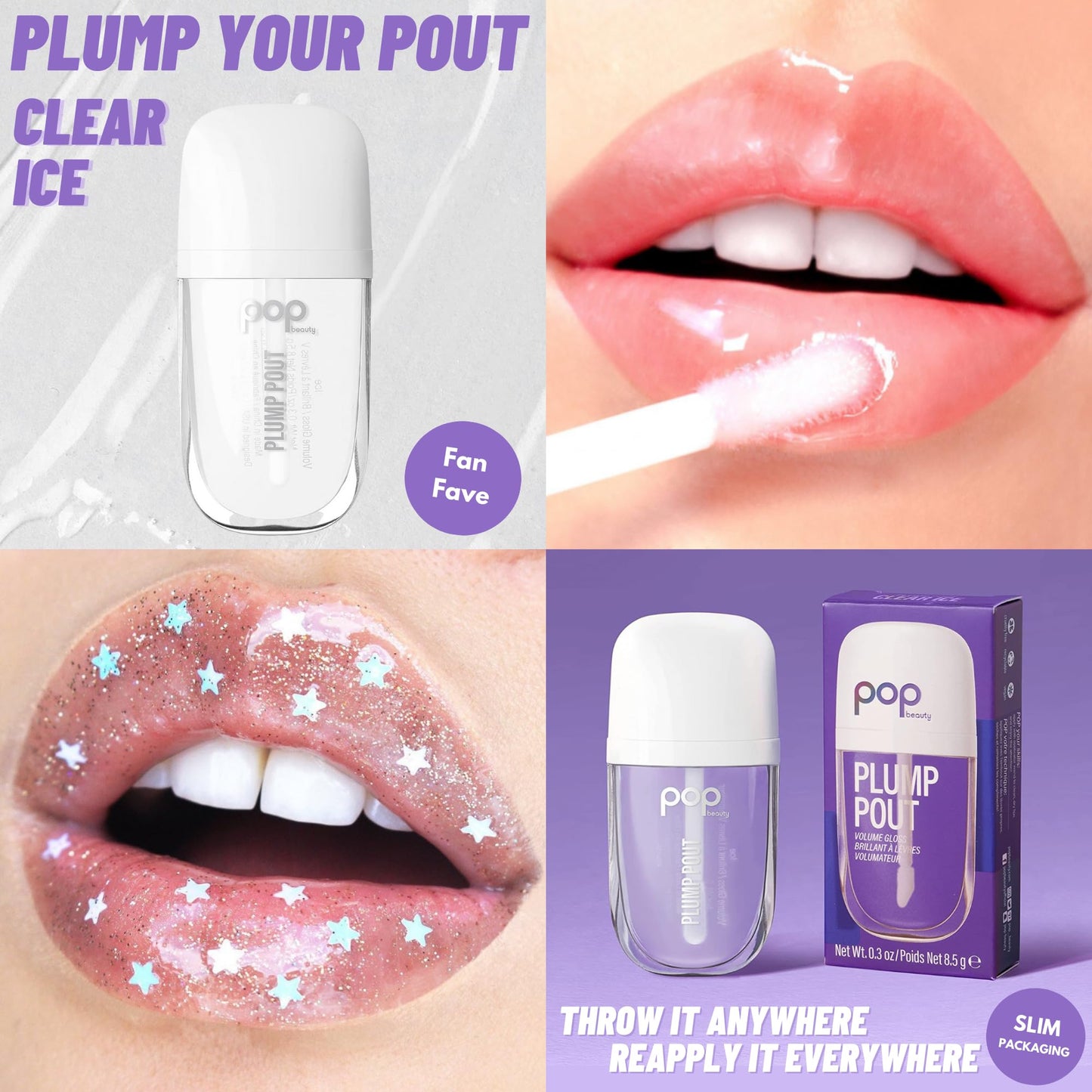 POP Beauty Plump Pout Clear Ice | Plumping Lip Oil, Hydrating Lip Gloss, Long Lasting Nourishing Lip Glow Oil Non-sticky