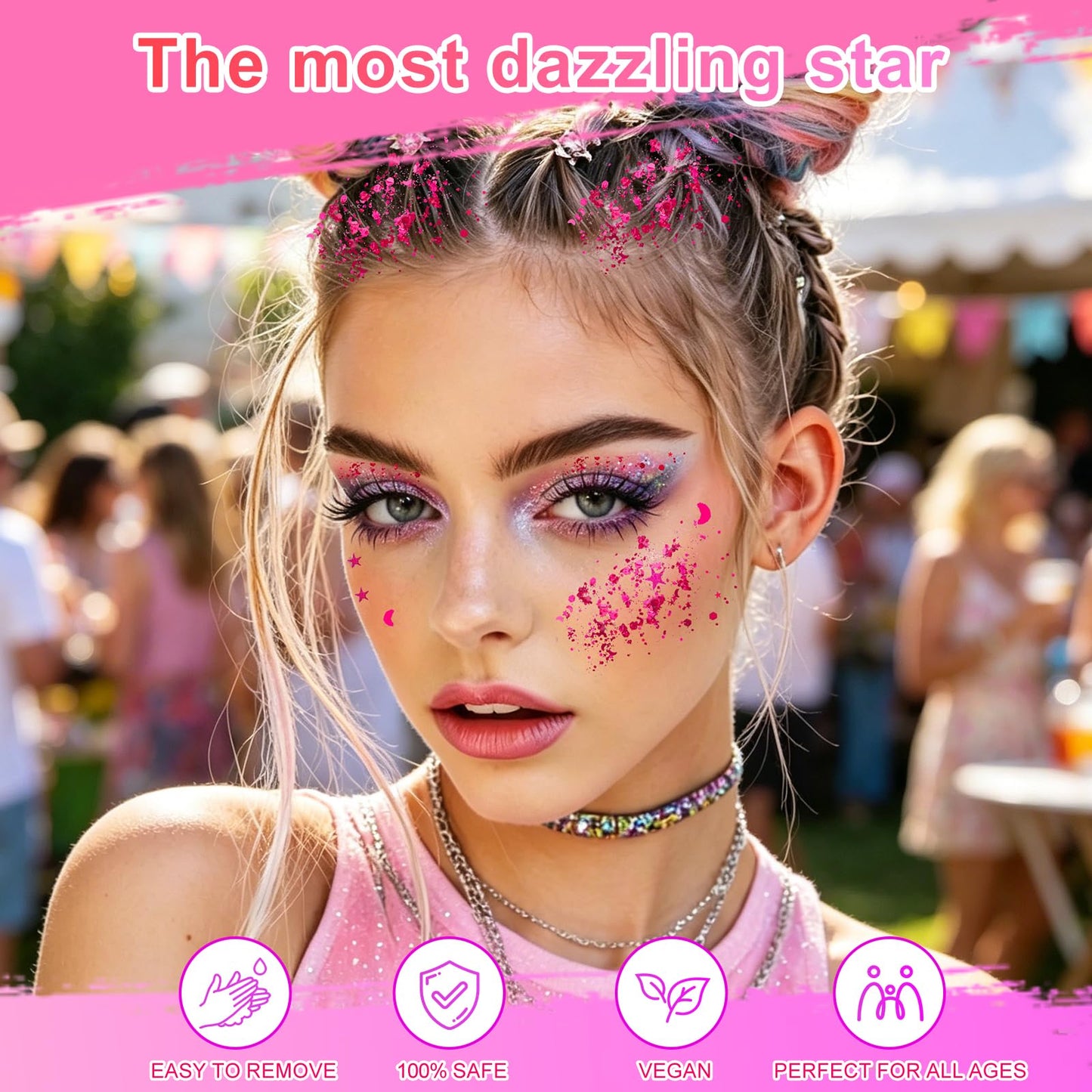 Pink Body Glitter Gel(18ml*2),Self-Adhesive Cosmetic Glitter for Women Kids