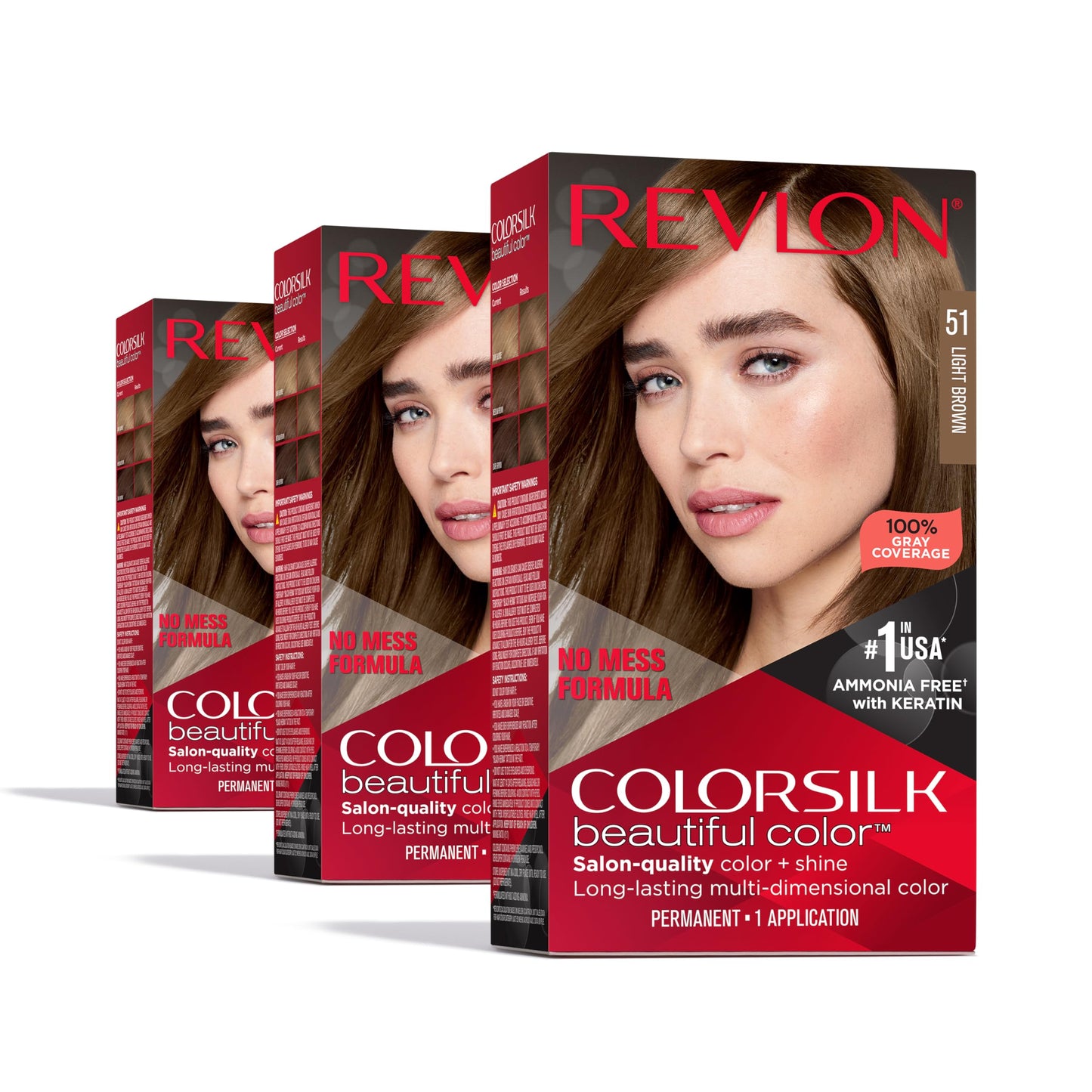 Revlon Colorsilk Beautiful Color Permanent Hair Color, (OLD VERSION) 51 Light Brown (Pack of 3)