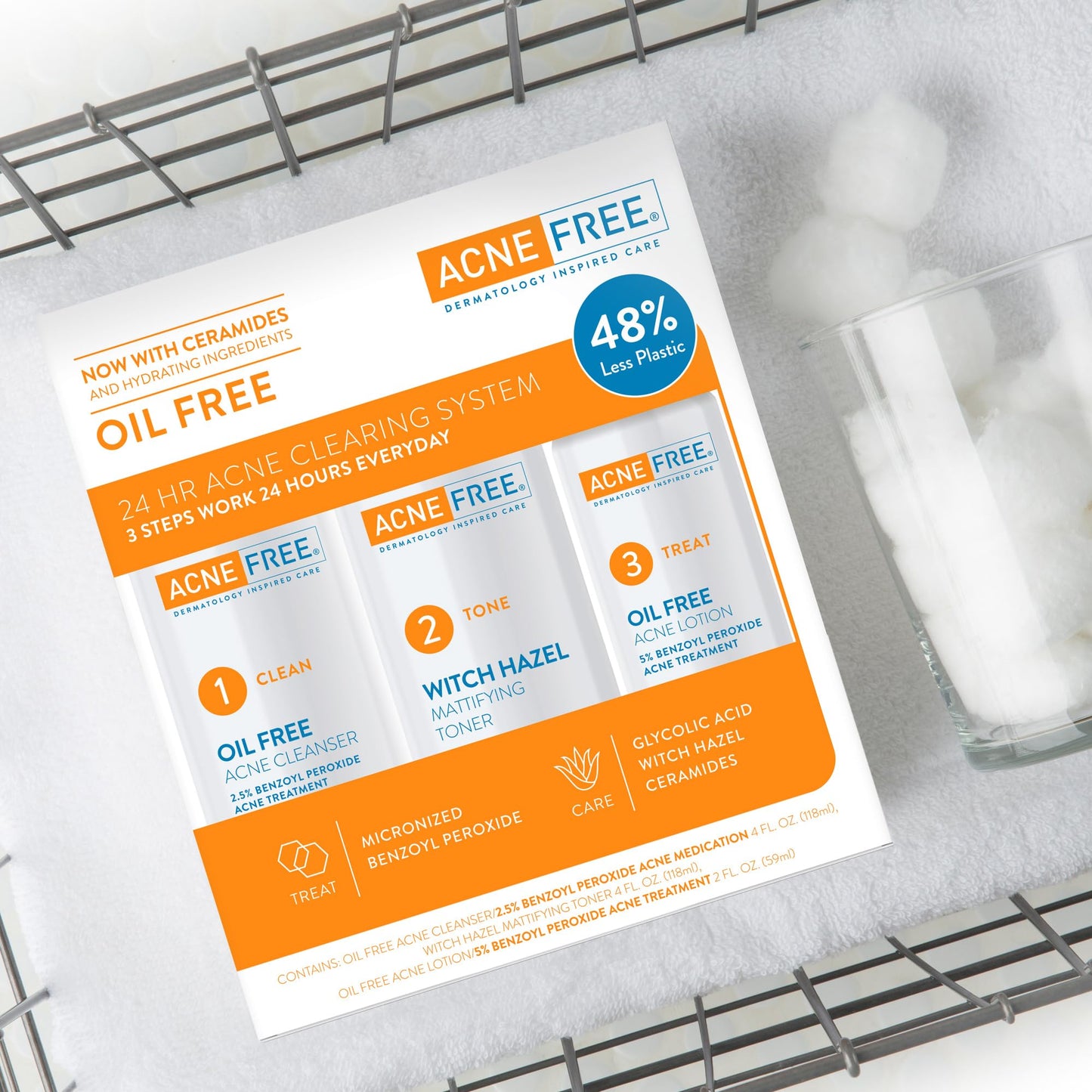 Acne Free 3 Step 24 Hour Acne Treatment Kit - Clearing System W Oil Free Acne Cleanser, Witch Hazel Toner, & Oil Free Acne Lotion - Acne Solution W