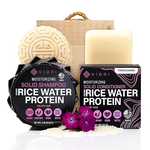VIORI Terrace Garden Shampoo and Conditioner Bar Set and Bamboo Holder- Made with Rice Water for Hair Growth - Handcrafted Sulfate Free Shampoo