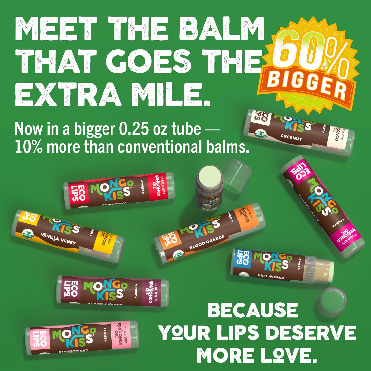 Eco Lips Mongo Kiss Organic Lip Balm 7 Pack - Blood Orange, Black Cherry, Pomegranate, Vanilla Honey, Peppermint, Strawberry Lavender, Yumberry |