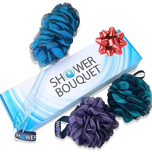 SHOWER BOUQUET Loofah-Charcoal Back-Scrubber & Bath-Sponge Color-Set // 1 Long-Handle-Back-Brush plus 2 Extra Large 75g Soft Mesh Loofa Lufa Loufa