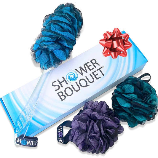 SHOWER BOUQUET Loofah-Charcoal Back-Scrubber & Bath-Sponge Color-Set // 1 Long-Handle-Back-Brush plus 2 Extra Large 75g Soft Mesh Loofa Lufa Loufa