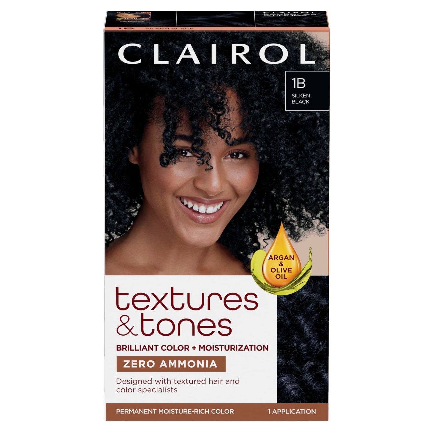 Clairol Textures & Tones Permanent Hair Dye, 1B Silken Black Hair Color | Ammonia-Free | Moisture-Rich Formula with Argan, and Olive Oil for Brilliant Beauty and Personal Care Clairol Default Title