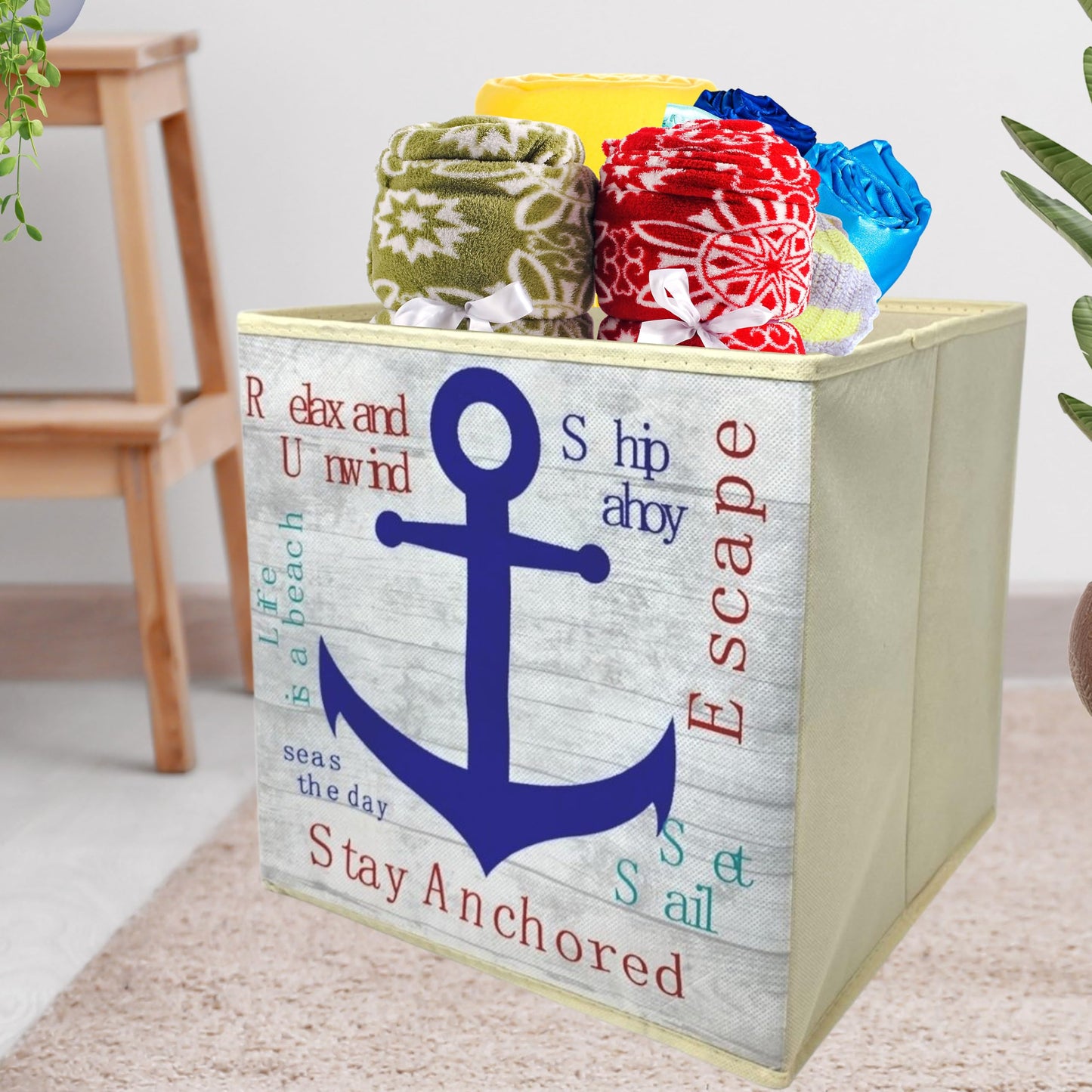 BANBERRY DESIGNS Collapsible Storage Bins - Nautical Beach Themed Cube - Catch All Basket - Organizer Box - Canvas Fabric Foldable Container…
