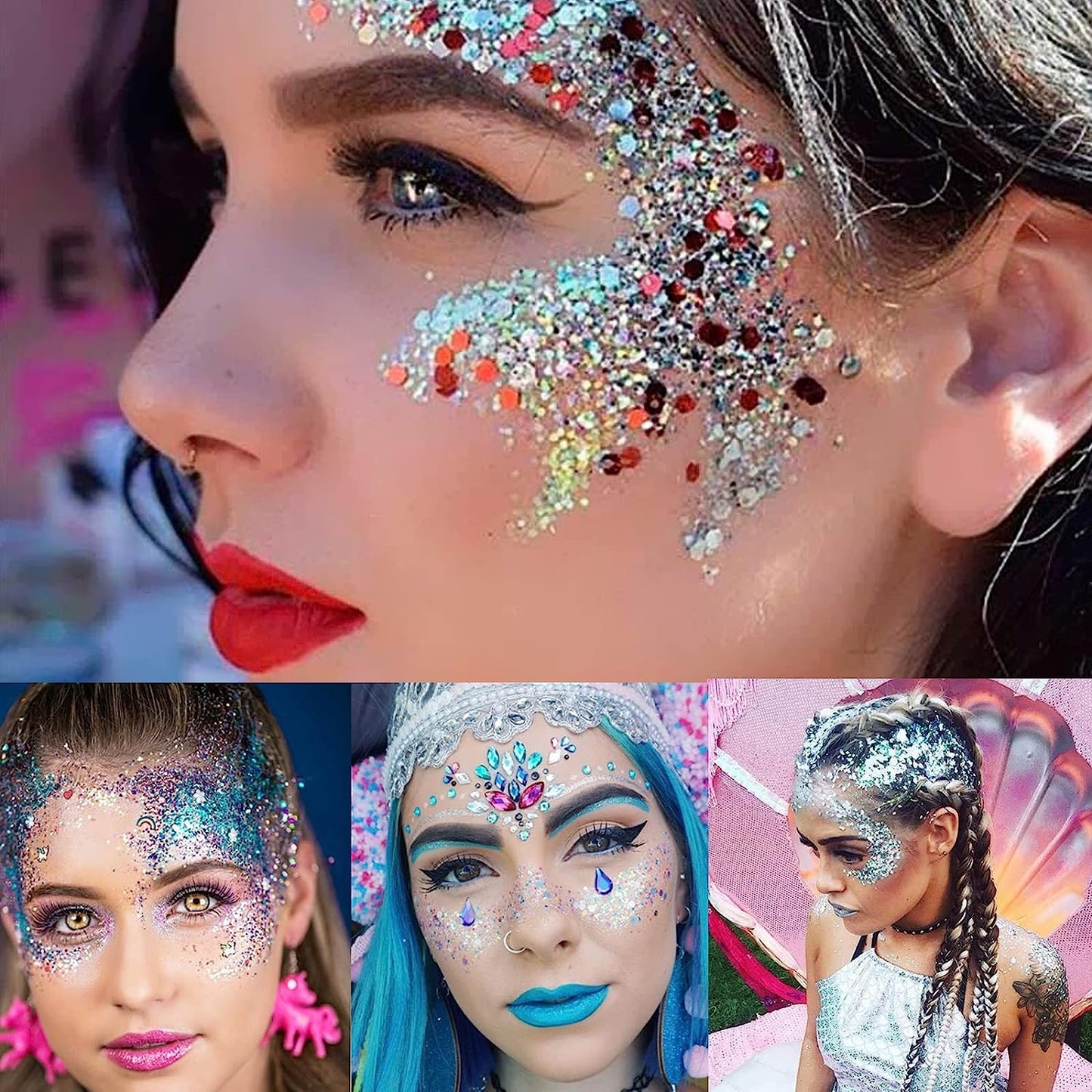 Mermaid Sequins Body Glitter Gel for Face,Shimmer Liquid Eyeshadow Holographic Glitter Body Gel Festival Glitter Cosmetic Face Skin Hair Nails Makeup