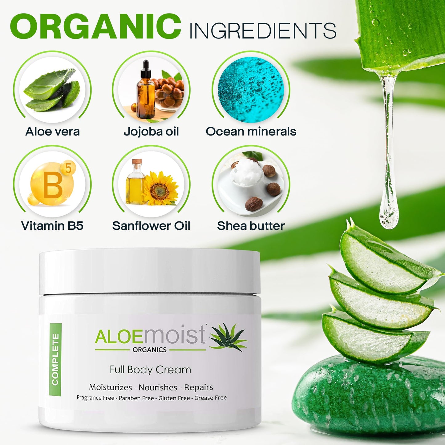 Organic Aloe Vera Lotion - Face & Body Moisturizing Cream with Natural Aloe Vera, Vitamin E Oil, Vitamin C, Retinol Cream, Shea Butter - Anti Aging
