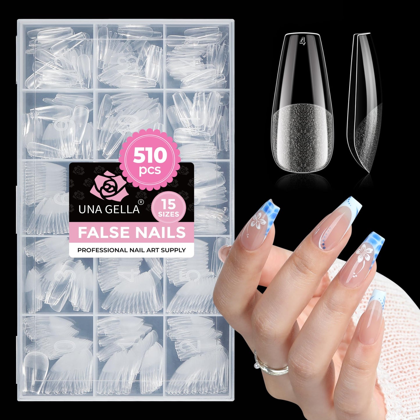 UNA GELLA Soft Gel Medium Coffin Nails Tips, 510Pcs 15 Sizes Pre-Buffed Full Cover False Nails, No File Needed Inner Matte Gel Tips, Clear PMMA Soak Beauty and Personal Care UNA GELLA Default Title