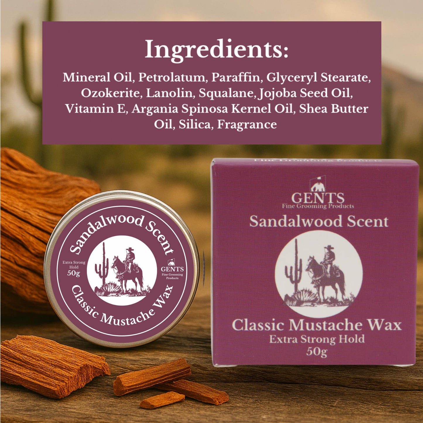 Sandalwood Mustache Wax Kit - Classic Scented Wax with Extra Strong Hold, 5.5" Folding Comb & 5" Fine/Coarse Travel Comb