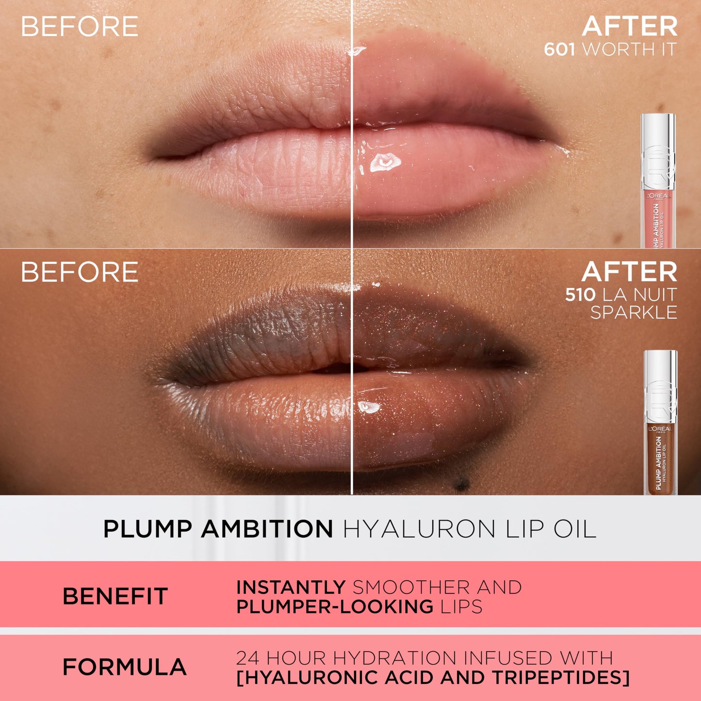 L'Oreal Paris Plump Ambition Hyaluron Lip Oil, 24 HR Lip Gloss with Hyaluronic Acid, Volumizing Formula with Glass-Like Shine, Worth It 601, 0.16 Fl