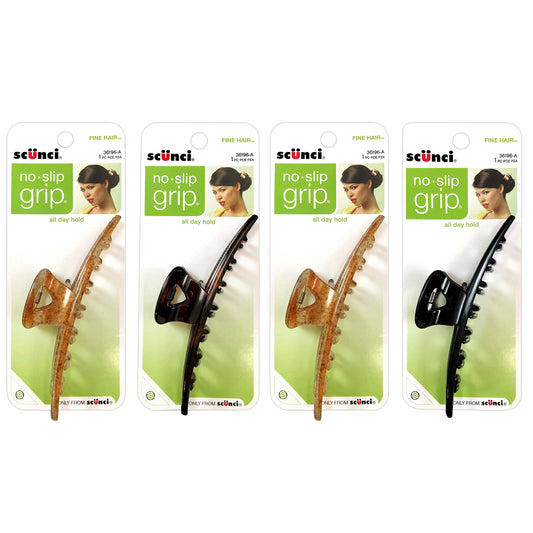 Scunci 4-Pack No-Slip Grip Fine Hair Jaw Clips, Assorted Colors (Black, Brown, Light Tortoise)